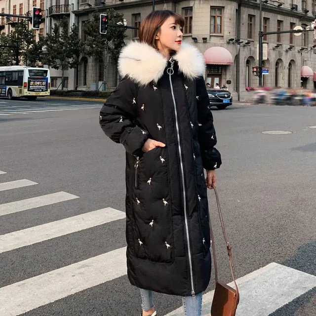 2019 Long Winter Women's Down Coat Thicken Female Down Jacket Hooded With Fur Collar Coat Oversize Long Ladies