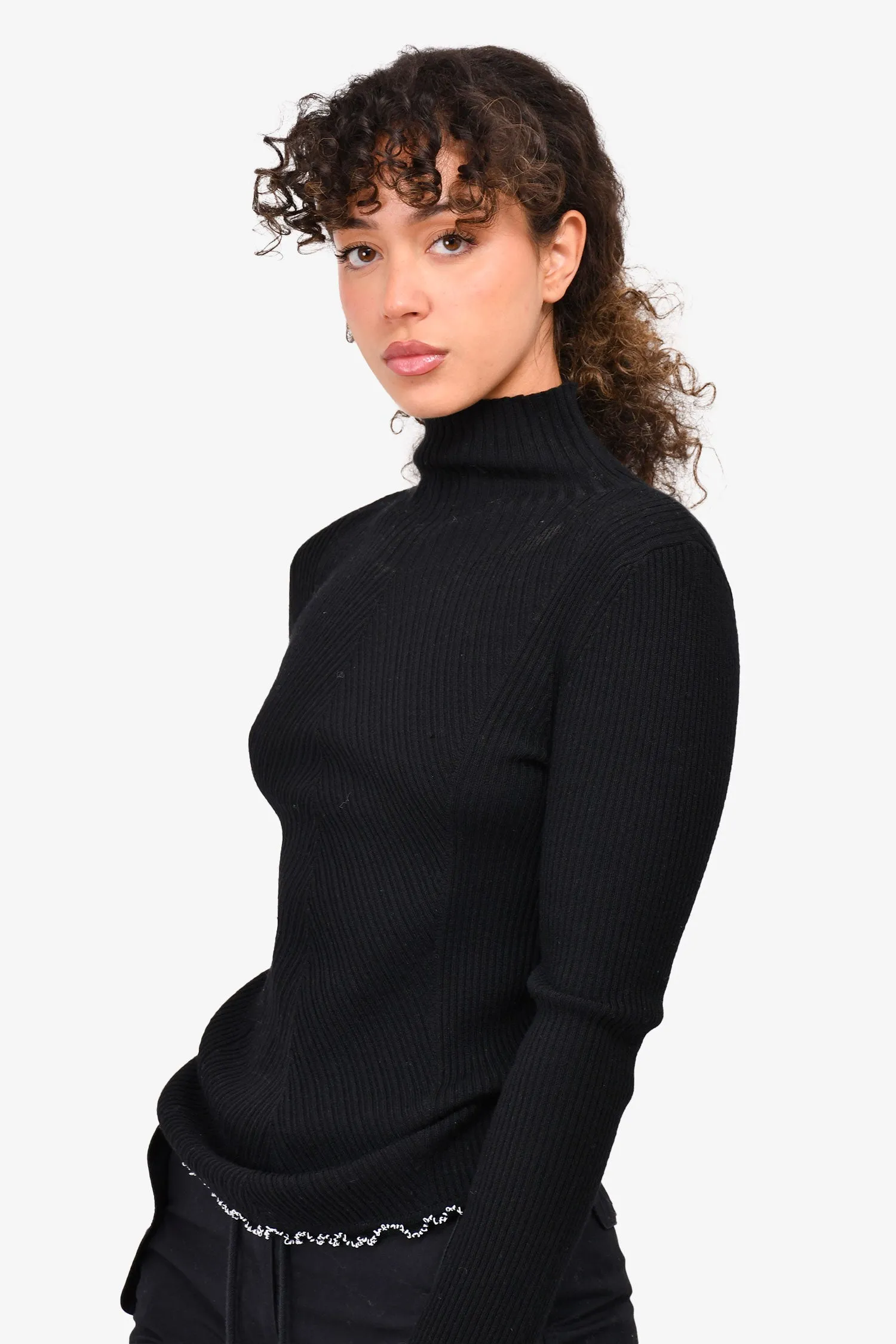 3.1 Phillip Lim Black Wool Ribbed Ruffle Trim Turtleneck Size S