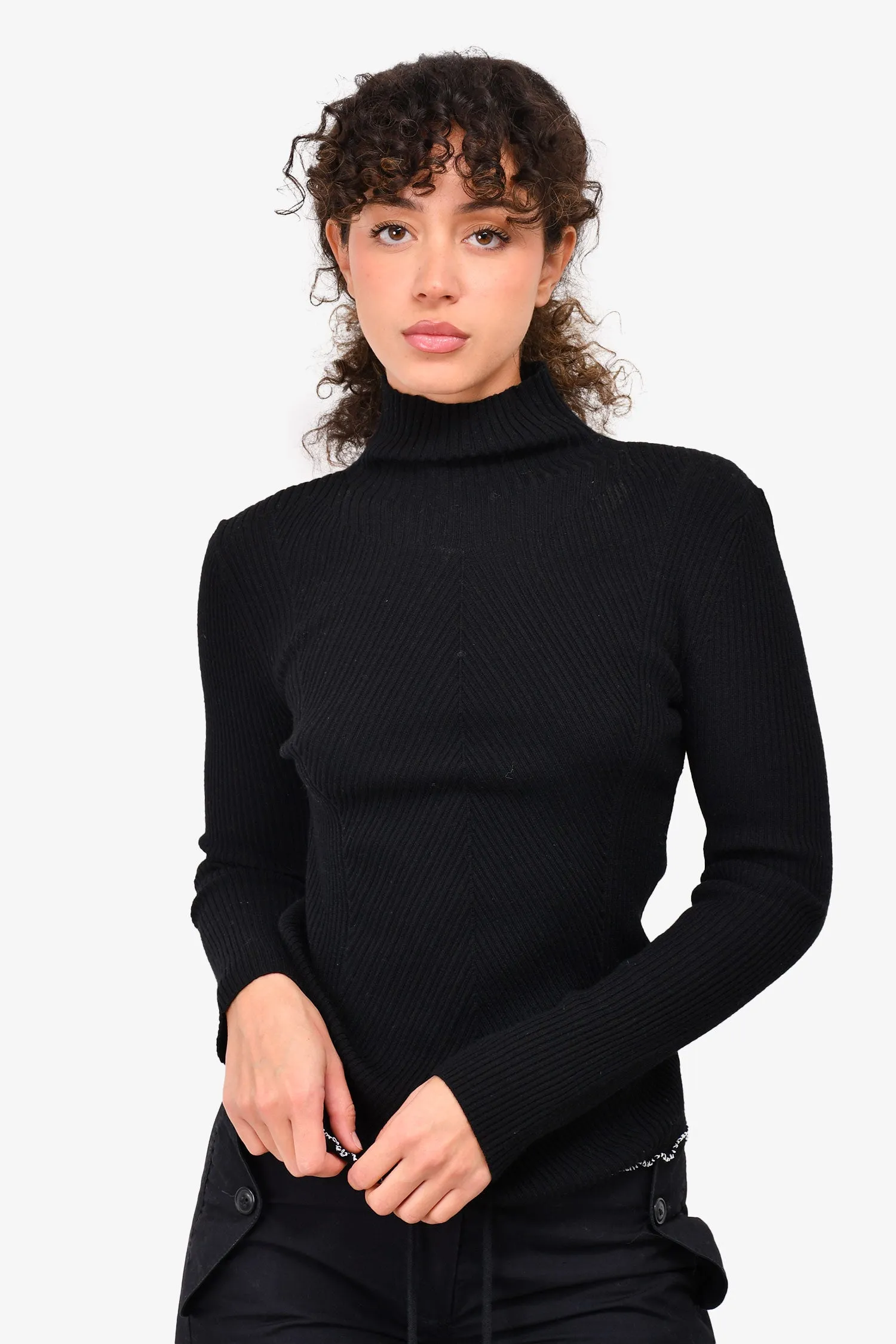 3.1 Phillip Lim Black Wool Ribbed Ruffle Trim Turtleneck Size S