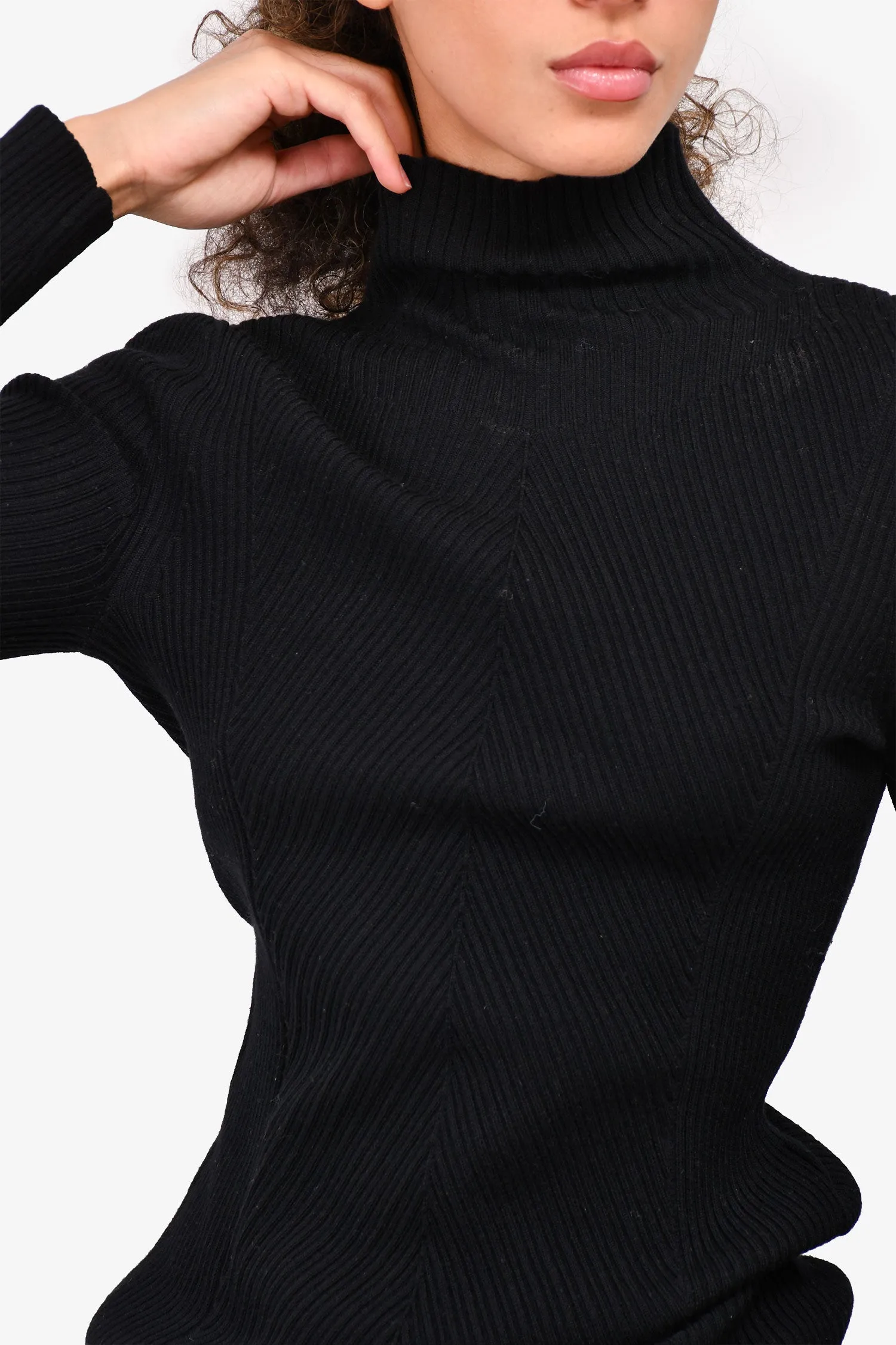 3.1 Phillip Lim Black Wool Ribbed Ruffle Trim Turtleneck Size S