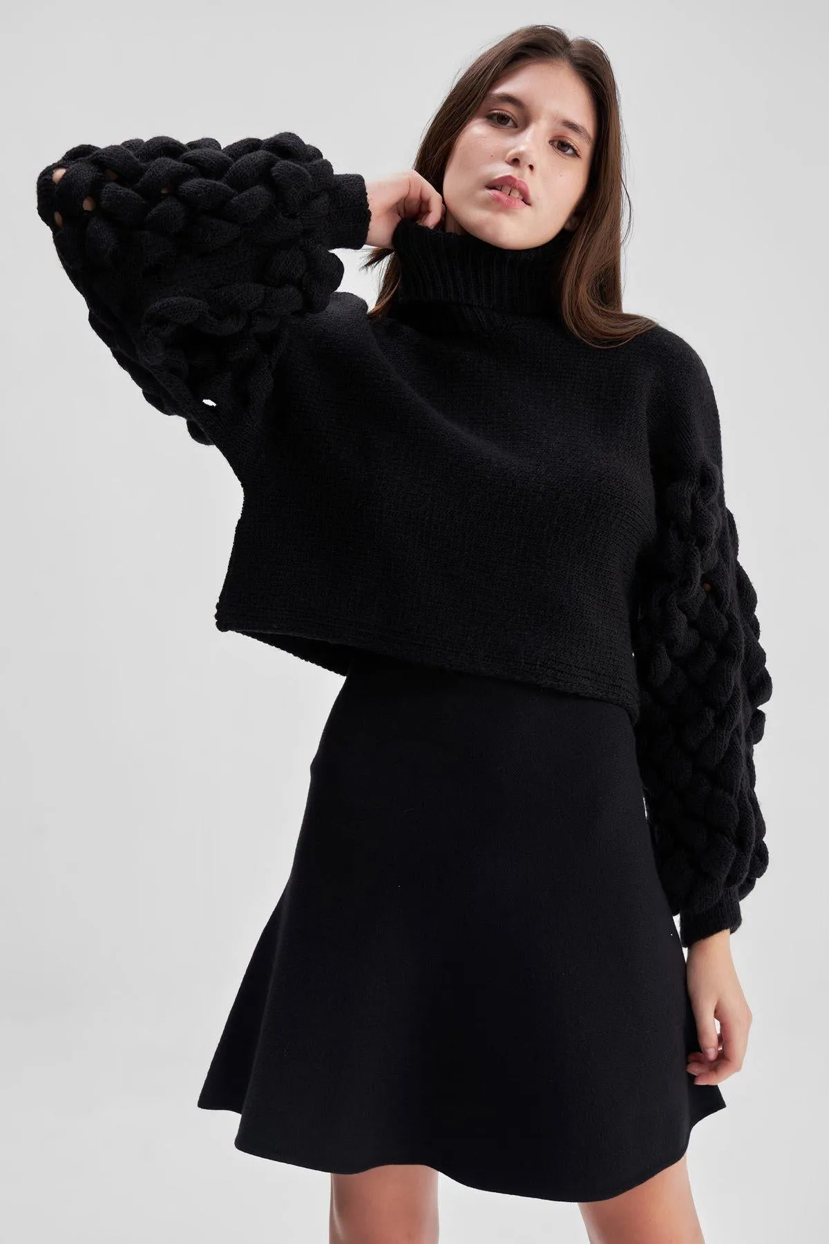 3D Braided Black Knitwear Crop Sweater
