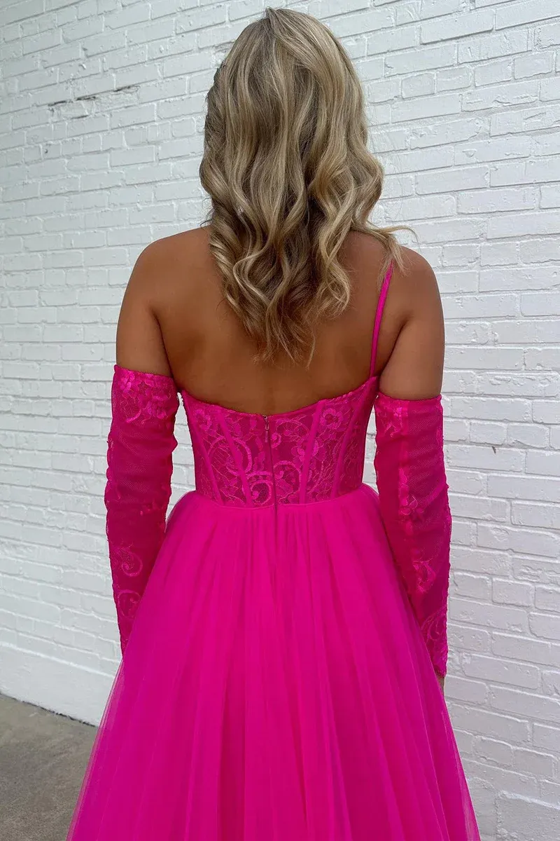 A-line One Shoulder Lace Tulle Prom Dress with Slit      fg4741