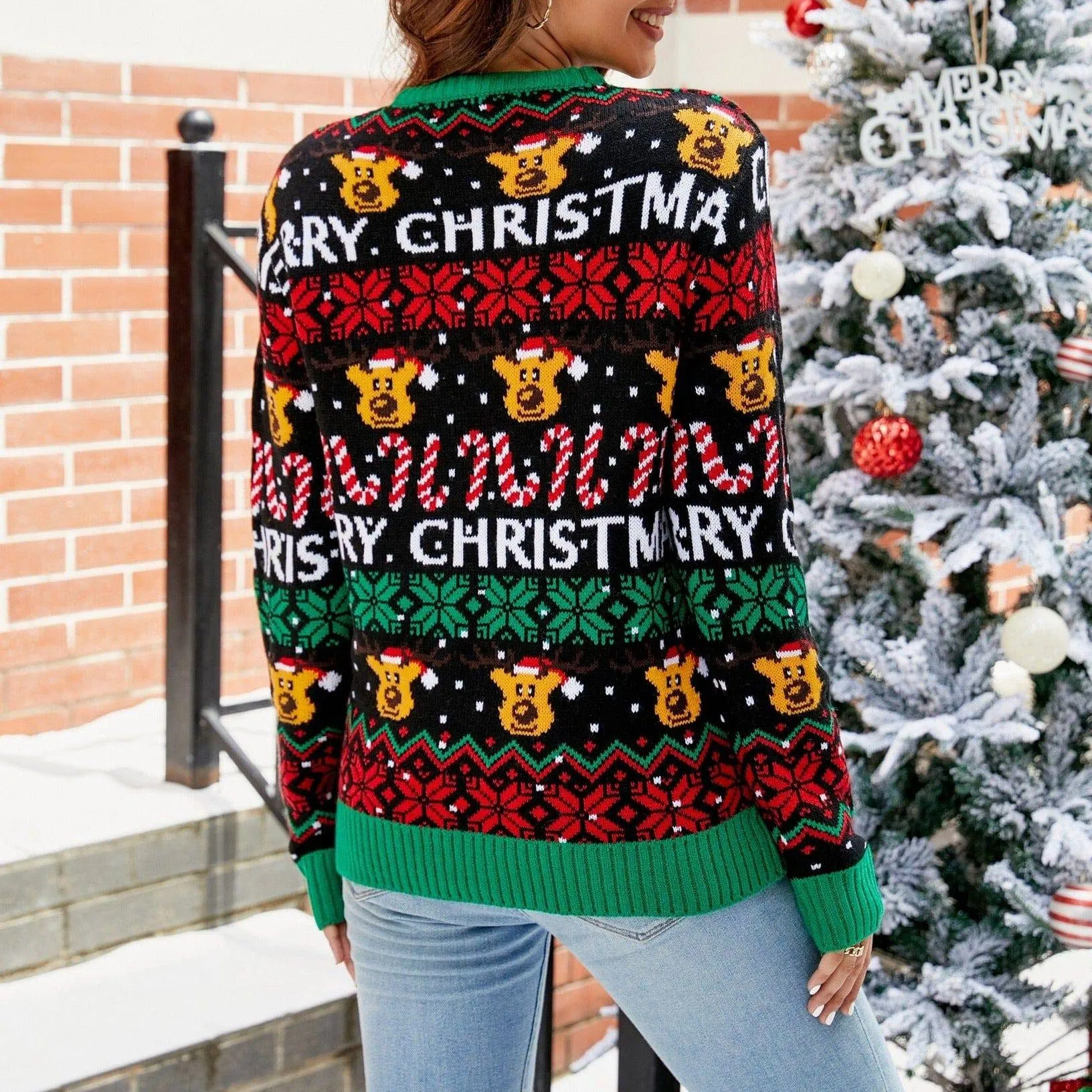 Ainsley Big Reindeer Print Christmas Pullover Sweater