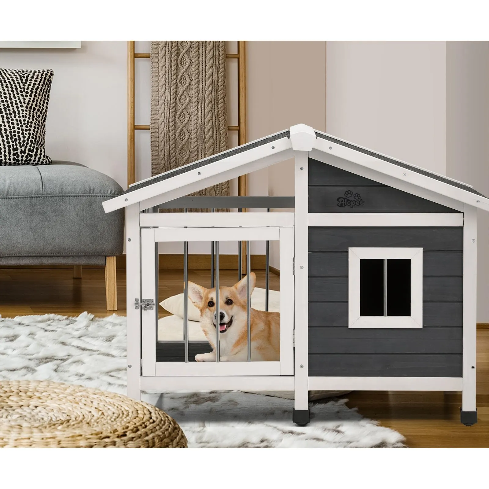 Alopet Wooden Pet Dog Kennel Awning Cabin Log Box Home Dog Cage Timber House