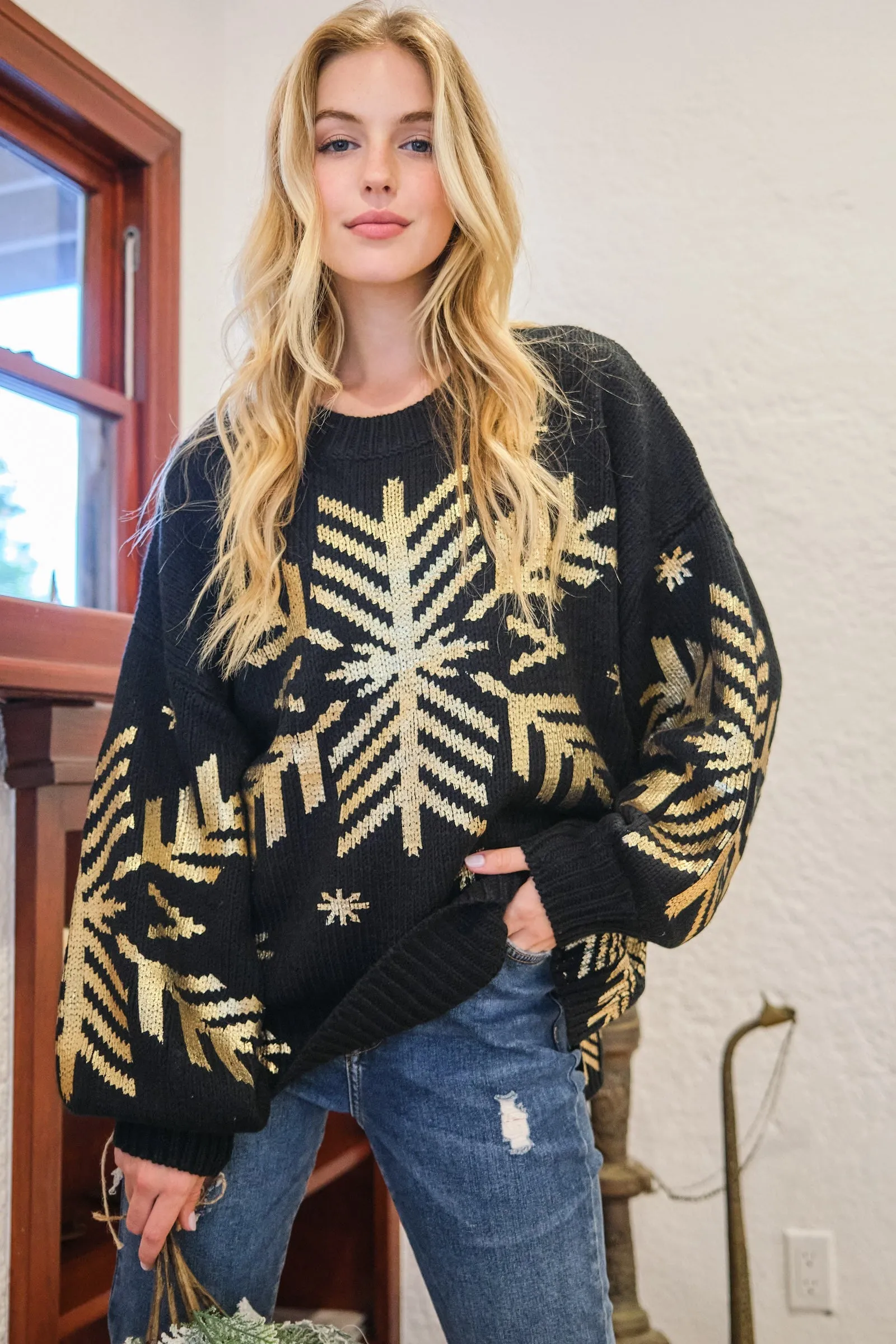 And The Why Foil Snowflake Round Neck Sweater