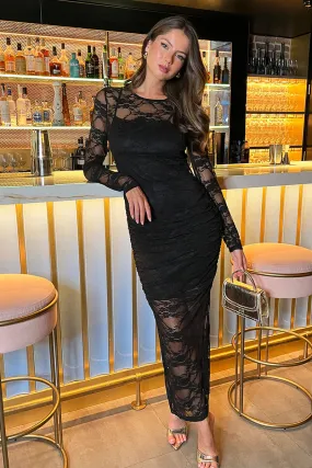 AX PARIS BLACK LACE OVERLAY LONG SLEEVE BODYCON MIDI DRESS