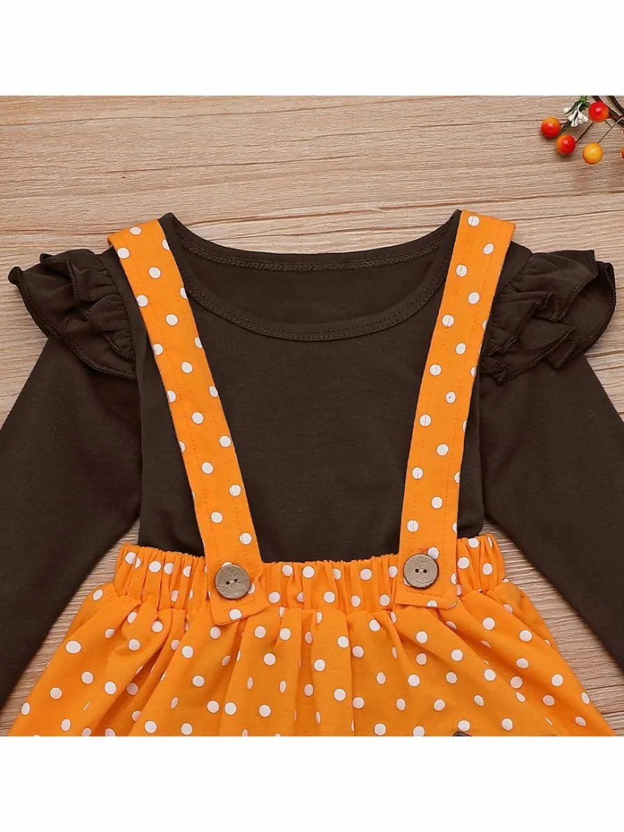 Baby Toddler Girl 2-Piece Thanksgiving Day Ruffled Sleeve Top & Turkey Jumper Skirt Set