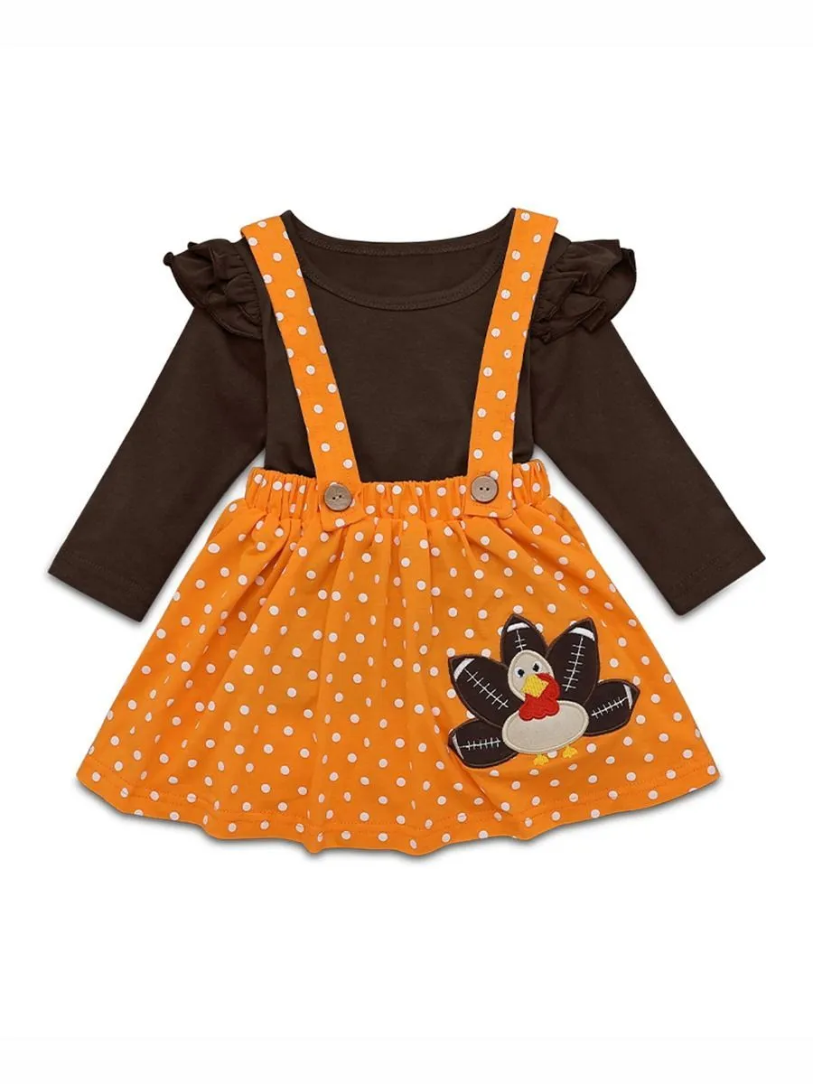 Baby Toddler Girl 2-Piece Thanksgiving Day Ruffled Sleeve Top & Turkey Jumper Skirt Set