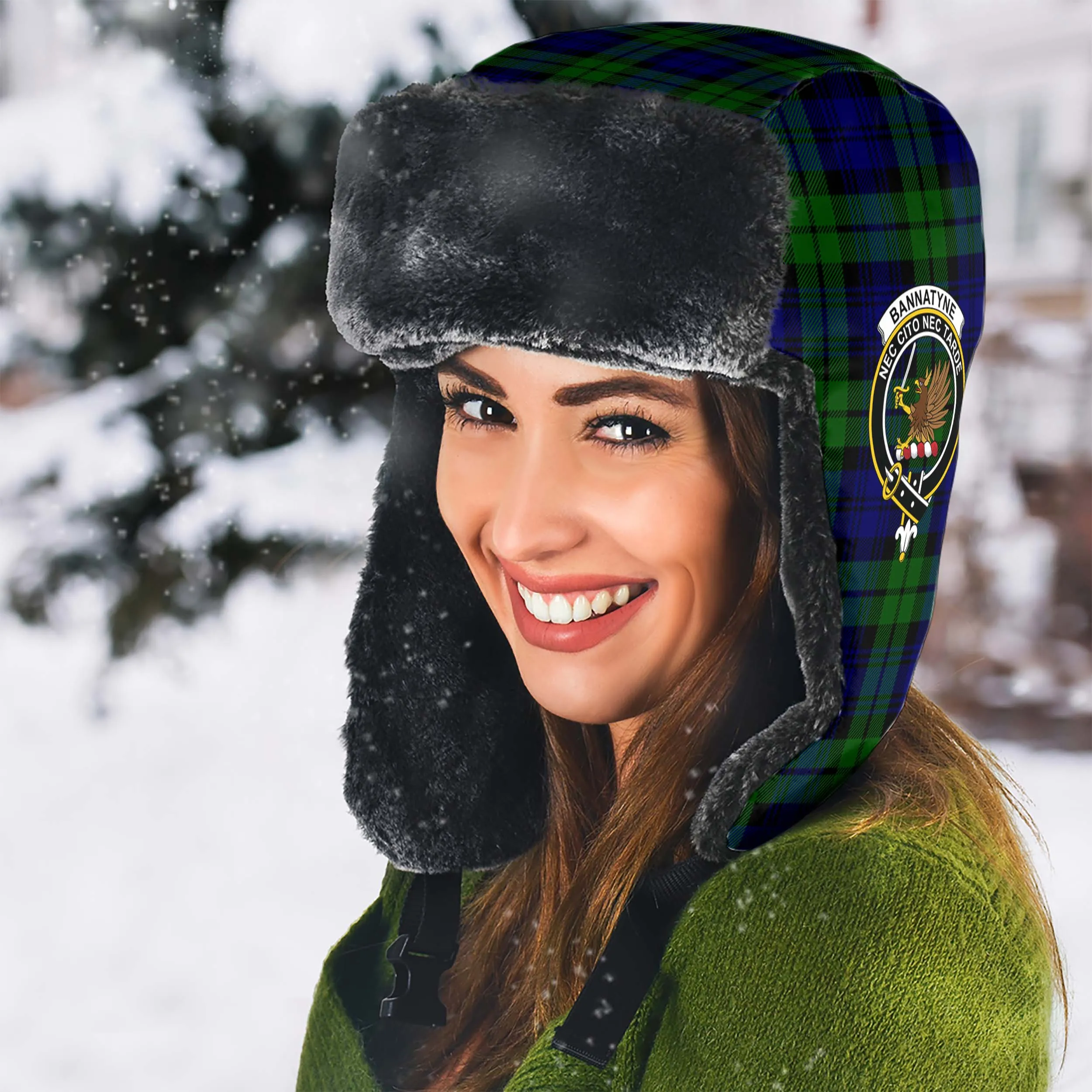 Bannatyne Tartan Winter Trapper Hat with Family Crest