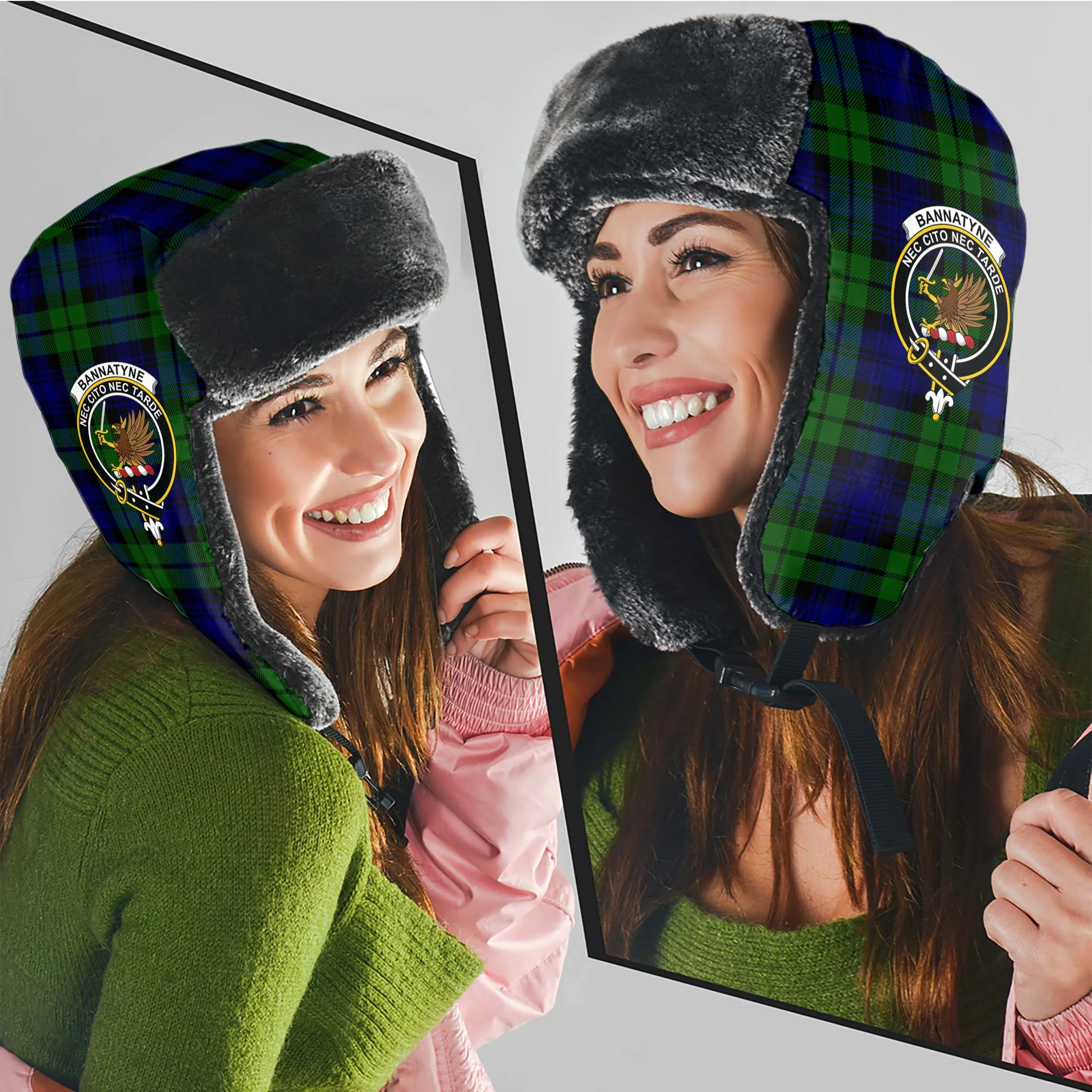 Bannatyne Tartan Winter Trapper Hat with Family Crest