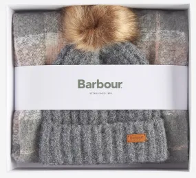 Barbour Womens Saltburn Beanie & Tartan Scarf Gift Set Grey Rose