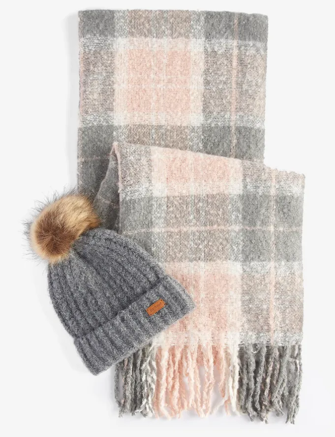 Barbour Womens Saltburn Beanie & Tartan Scarf Gift Set Grey Rose