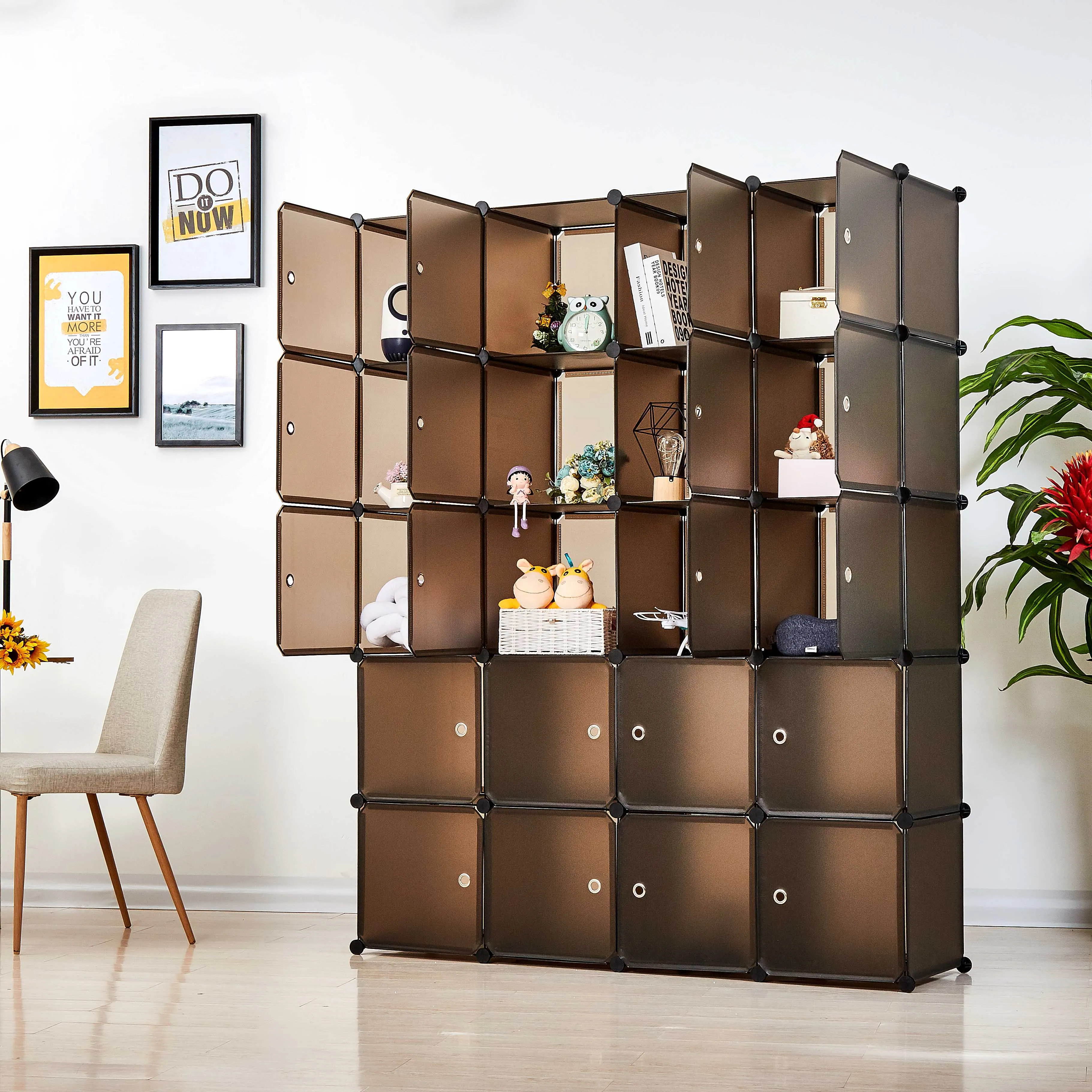 Bedroom PP Storage Wardrobe, 12 Cubes/20 Cubes, Coffee Color and Transparent