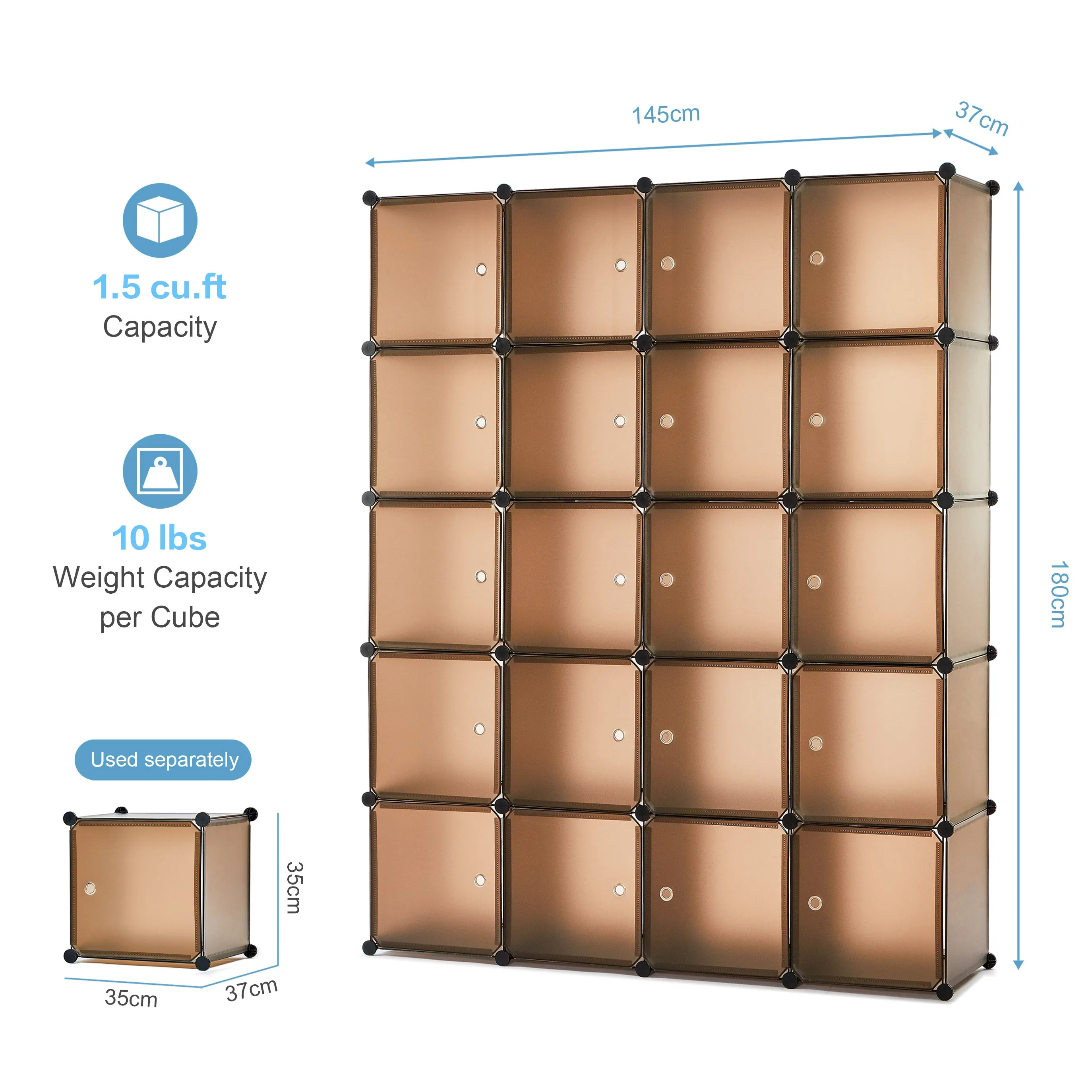 Bedroom PP Storage Wardrobe, 12 Cubes/20 Cubes, Coffee Color and Transparent