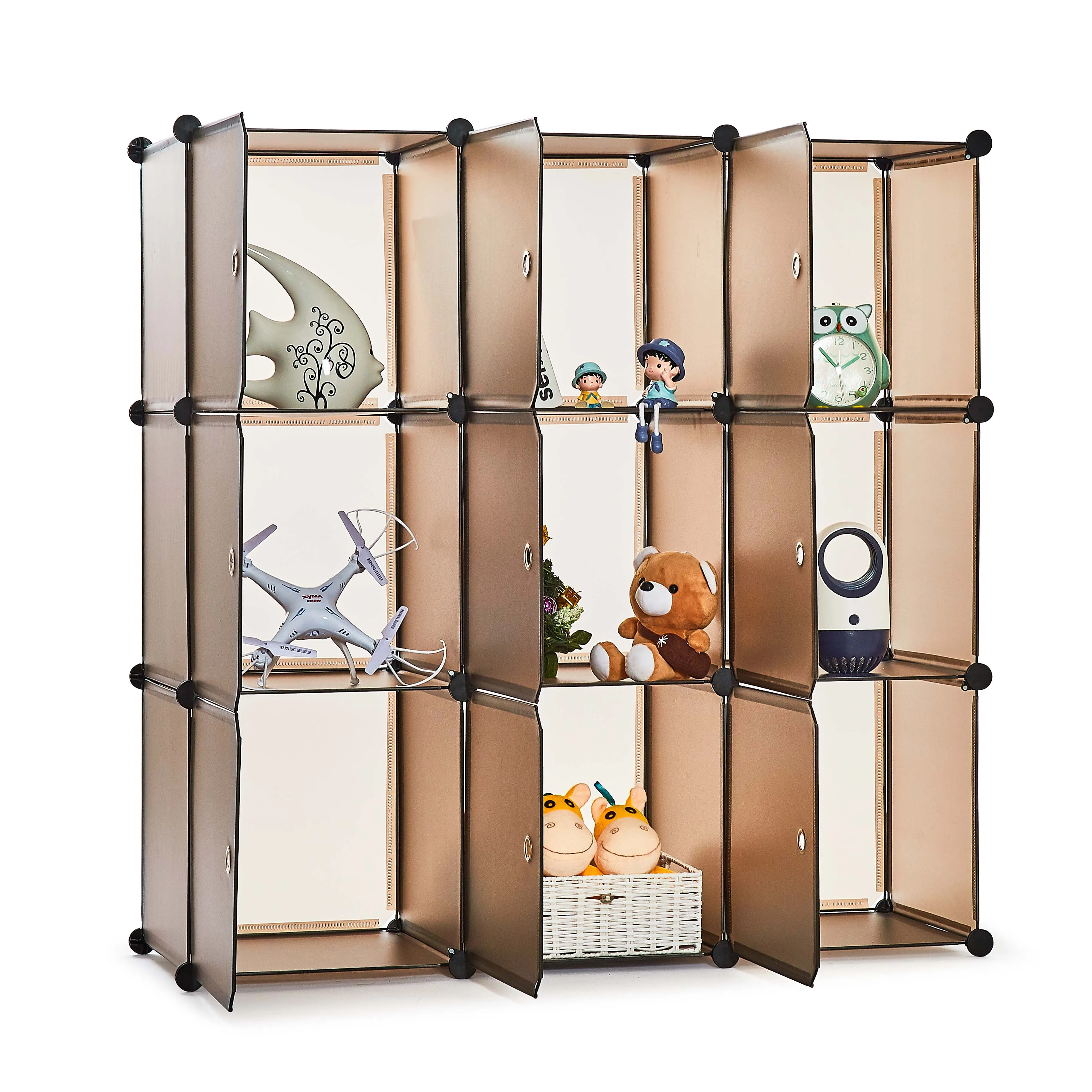 Bedroom PP Storage Wardrobe, 12 Cubes/20 Cubes, Coffee Color and Transparent