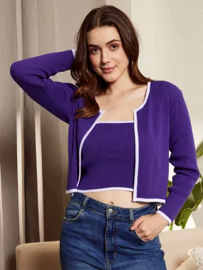 Berrylush Women Solid Purple & White Scoop Neck Contrast Trim Acrylic Ribbed Hem Knitted Cardigan & Crop Top Sweater