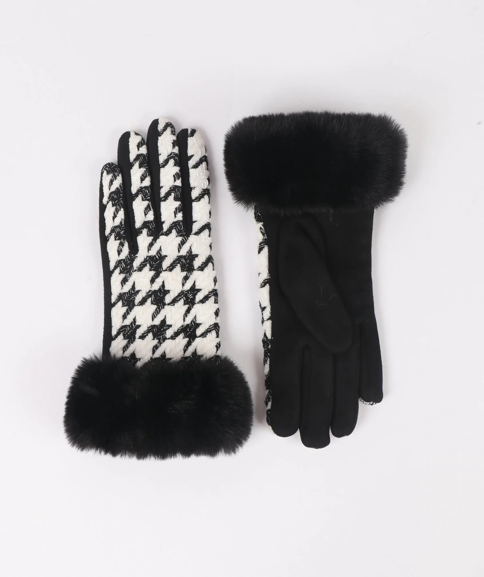 Black & White Faux Suede Houndstooth Gloves