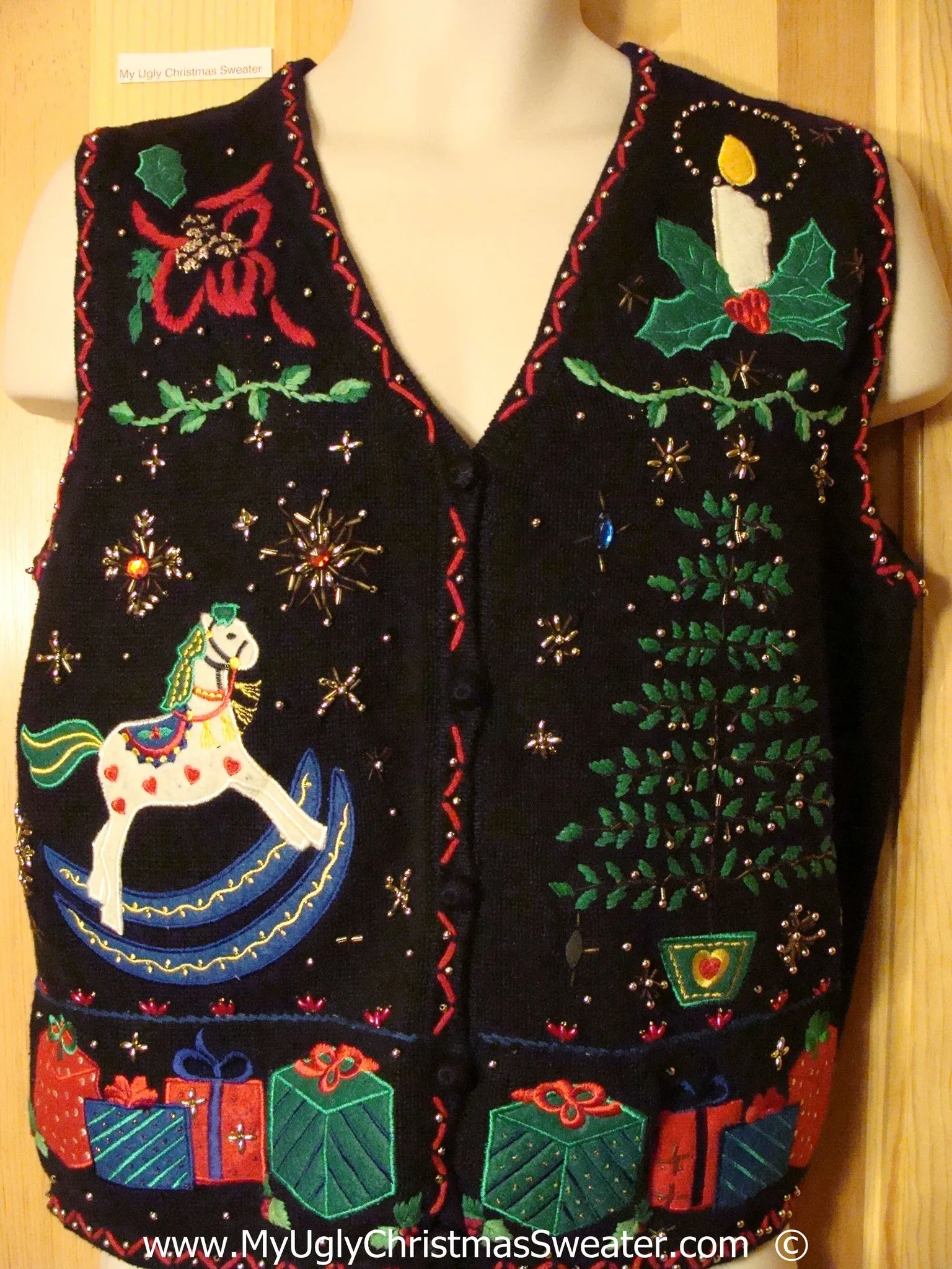 Black Bling Festive Christmas Sweater Vest Rocking Horse