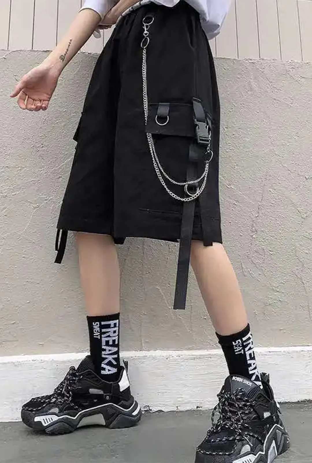 Black Punk Utility Chain Shorts