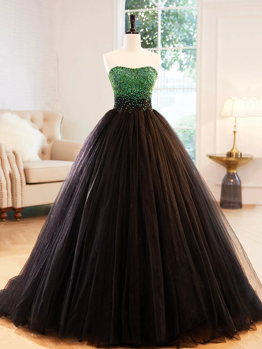 Black Strapless Tulle Long Prom Dress with Green Beaded, A-Line Formal Dress