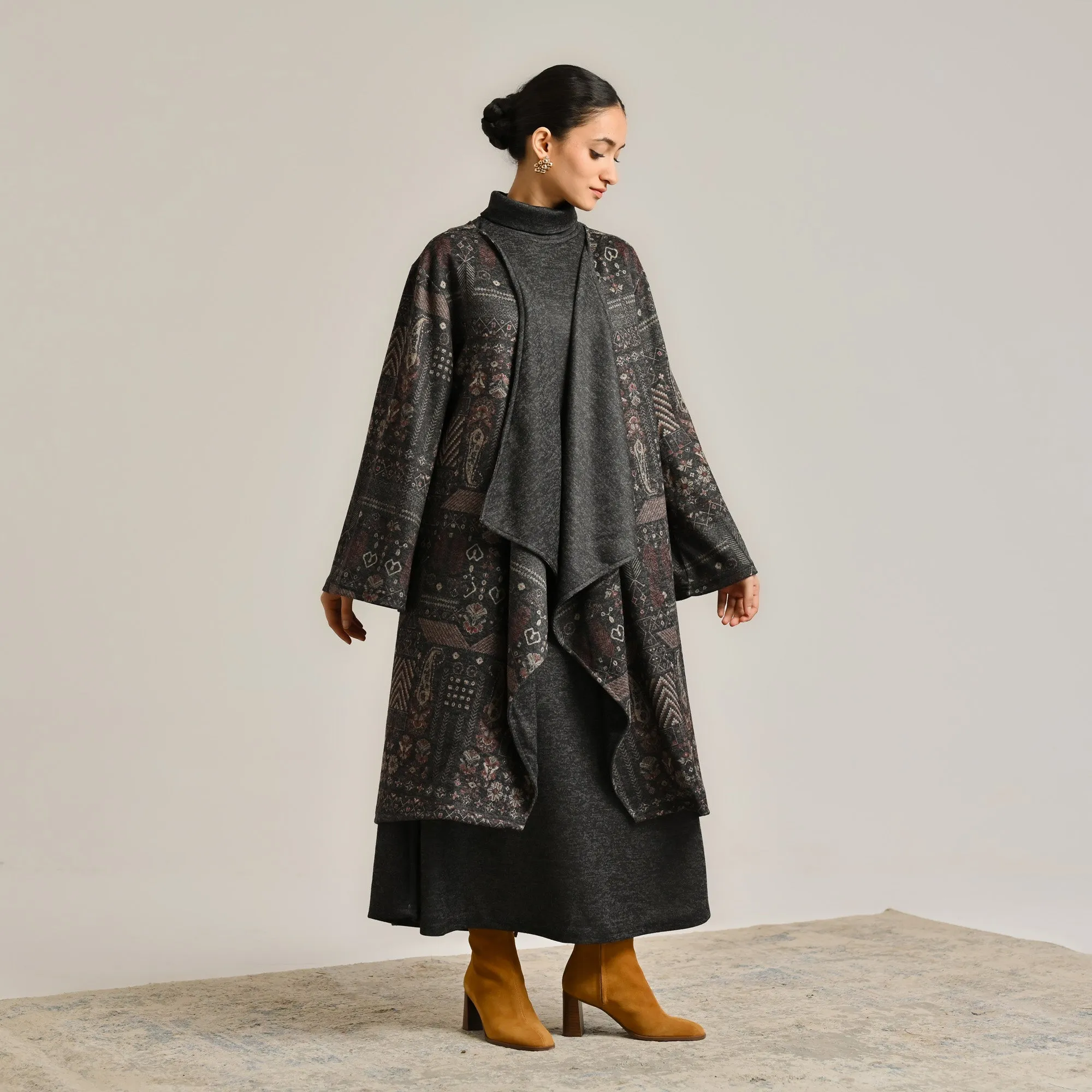 Black Woollen Winter Dress with Shrug