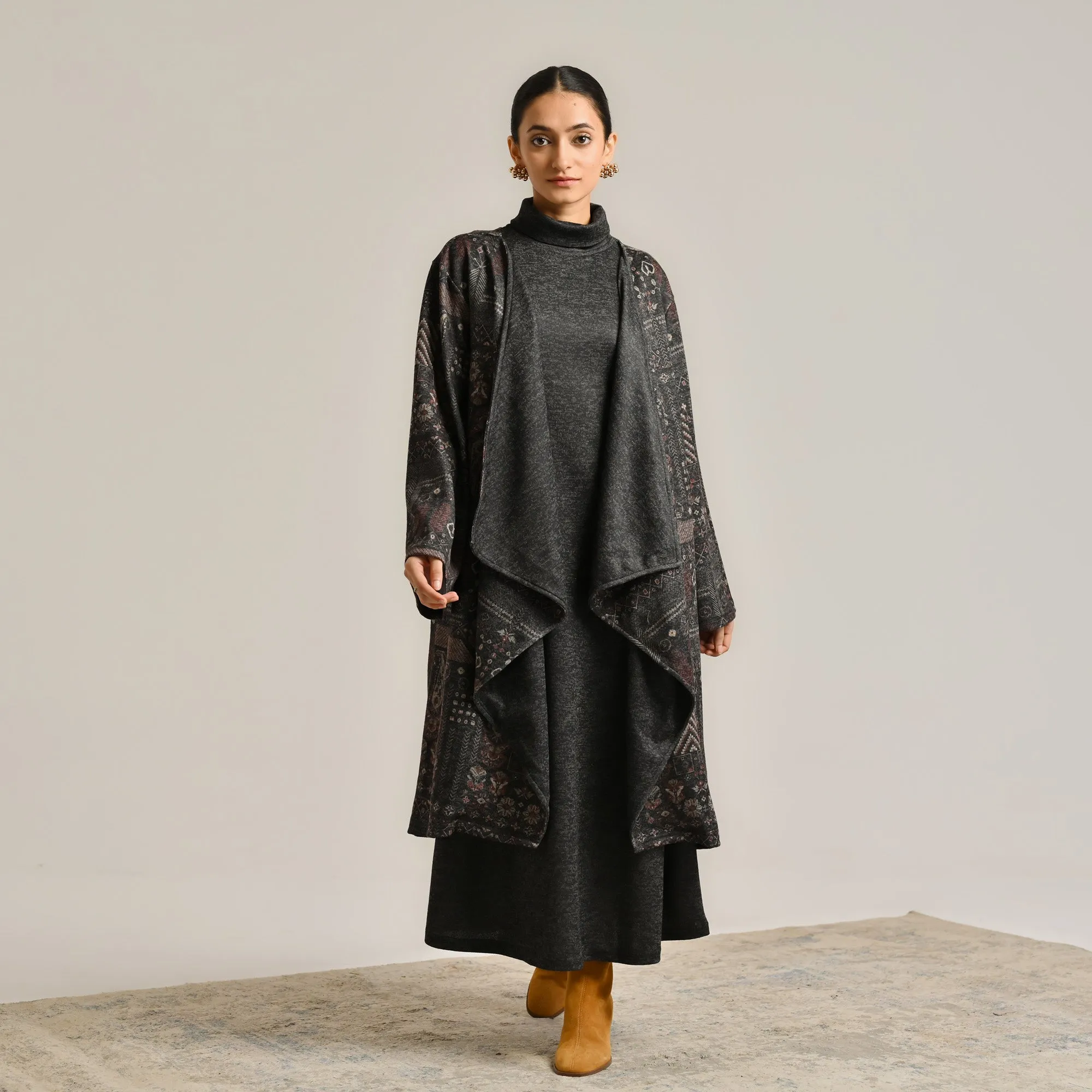 Black Woollen Winter Dress with Shrug