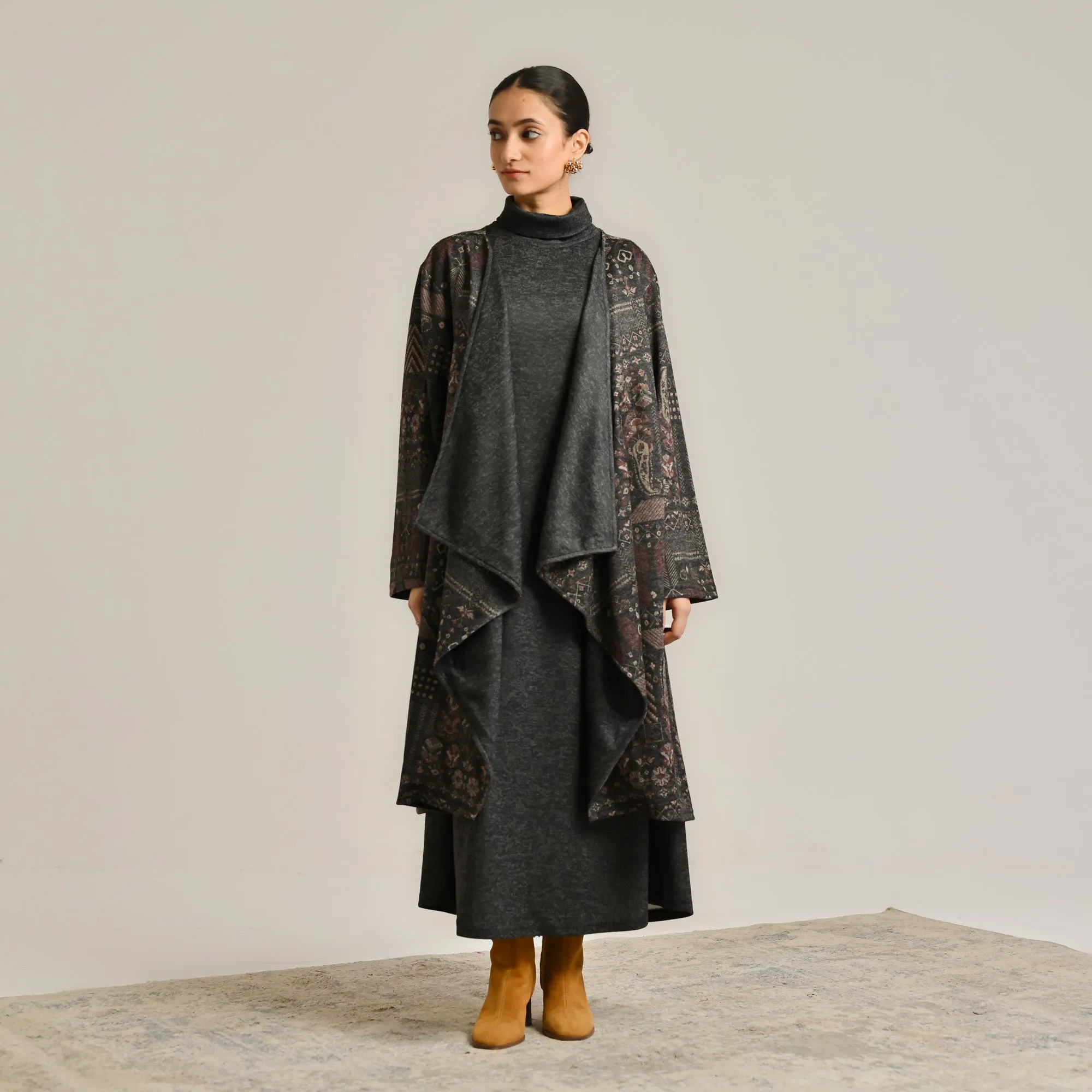 Black Woollen Winter Dress with Shrug