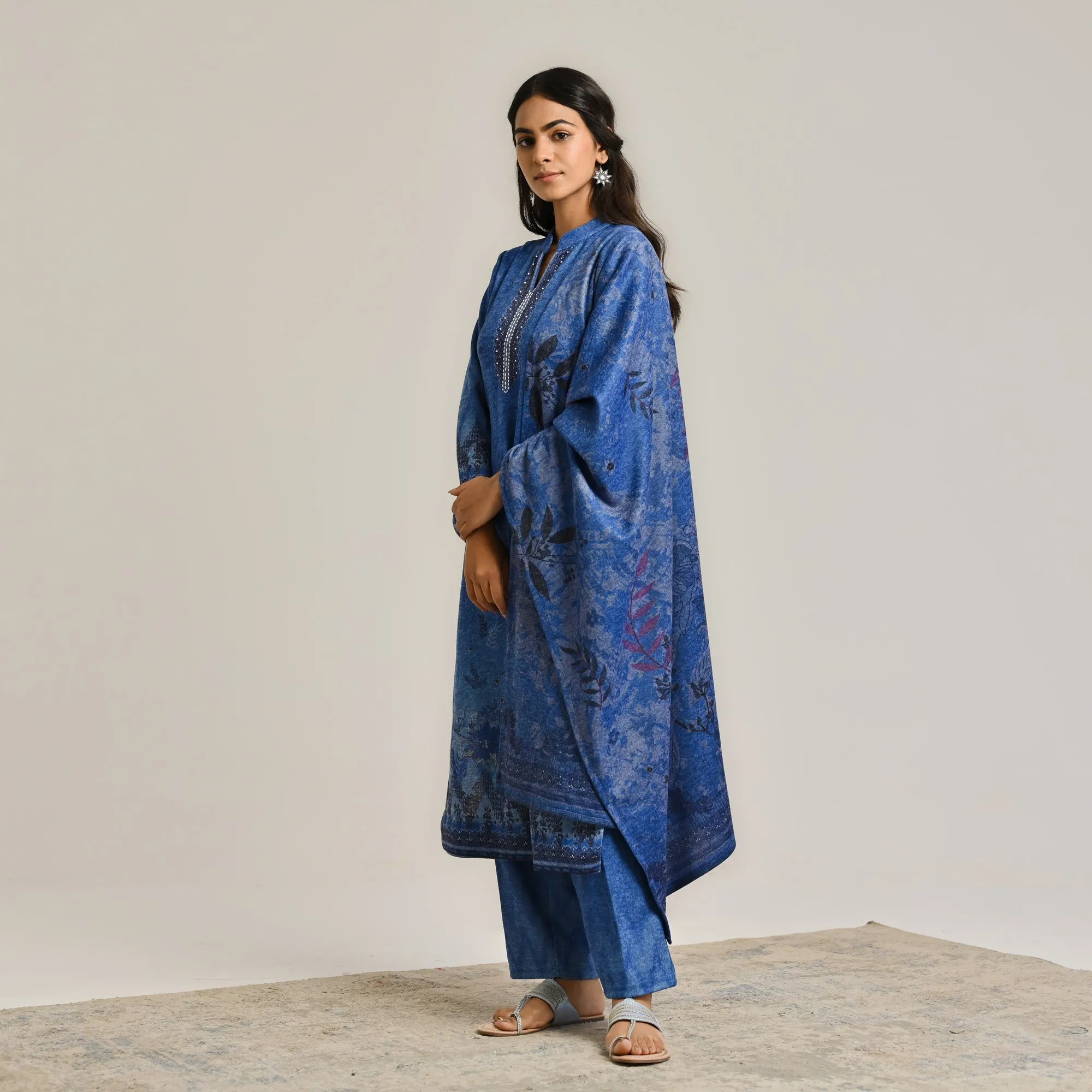 Blue Contemporary Woollen Kurta Set with Dupatta