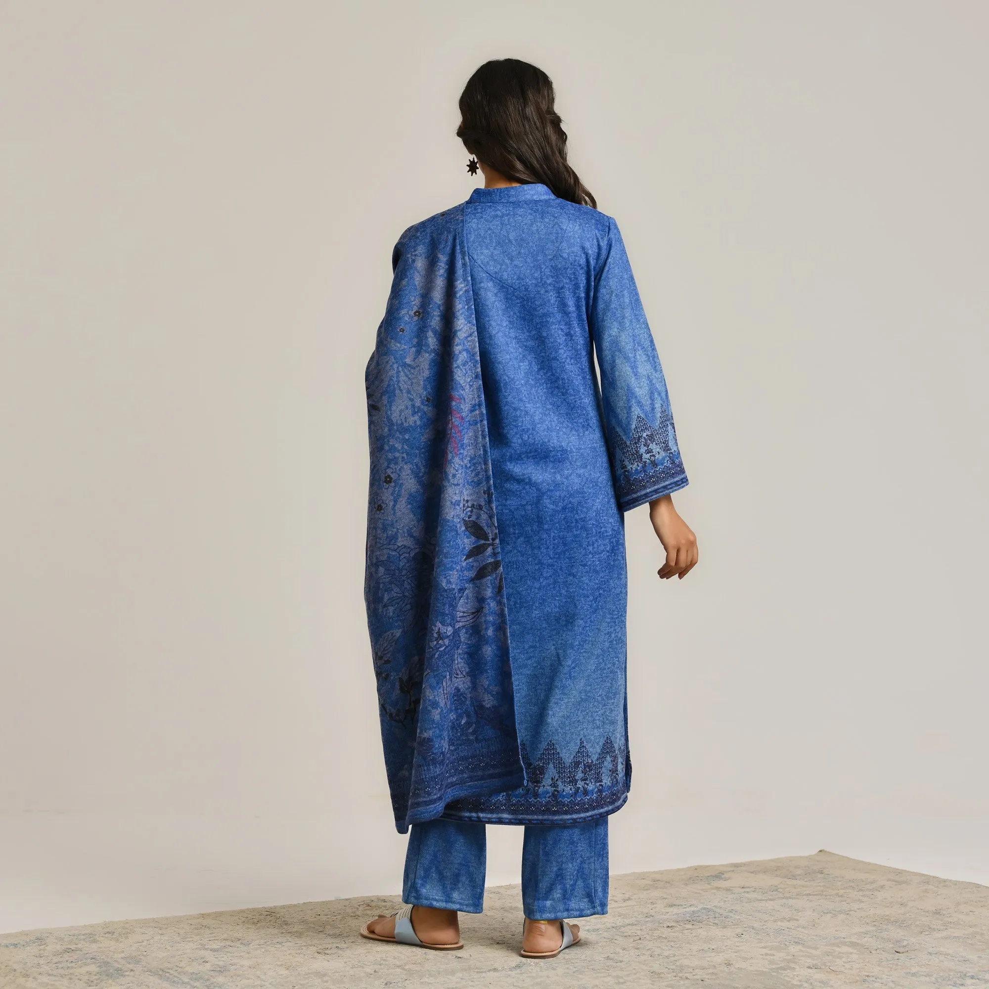 Blue Contemporary Woollen Kurta Set with Dupatta