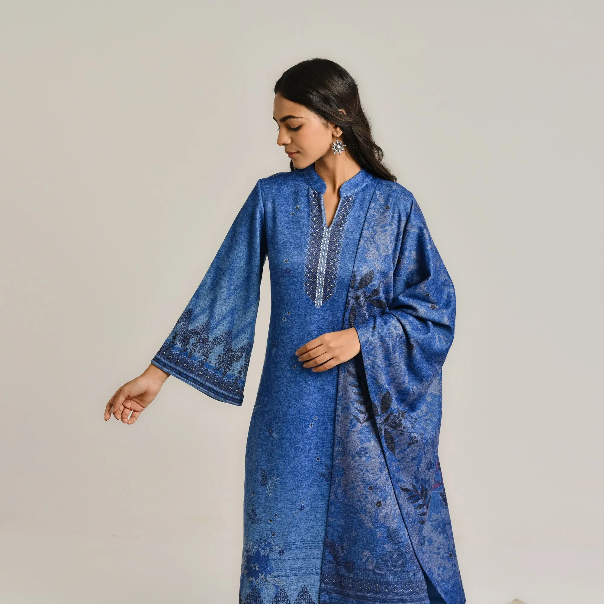 Blue Contemporary Woollen Kurta Set with Dupatta