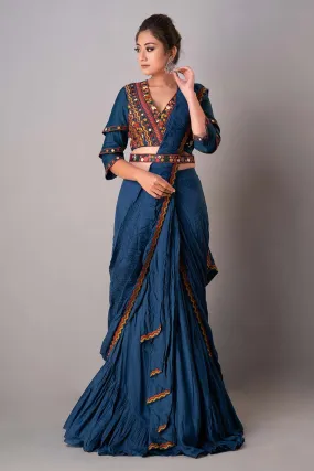 Blue Embroidered Draped Saree Set With Belt