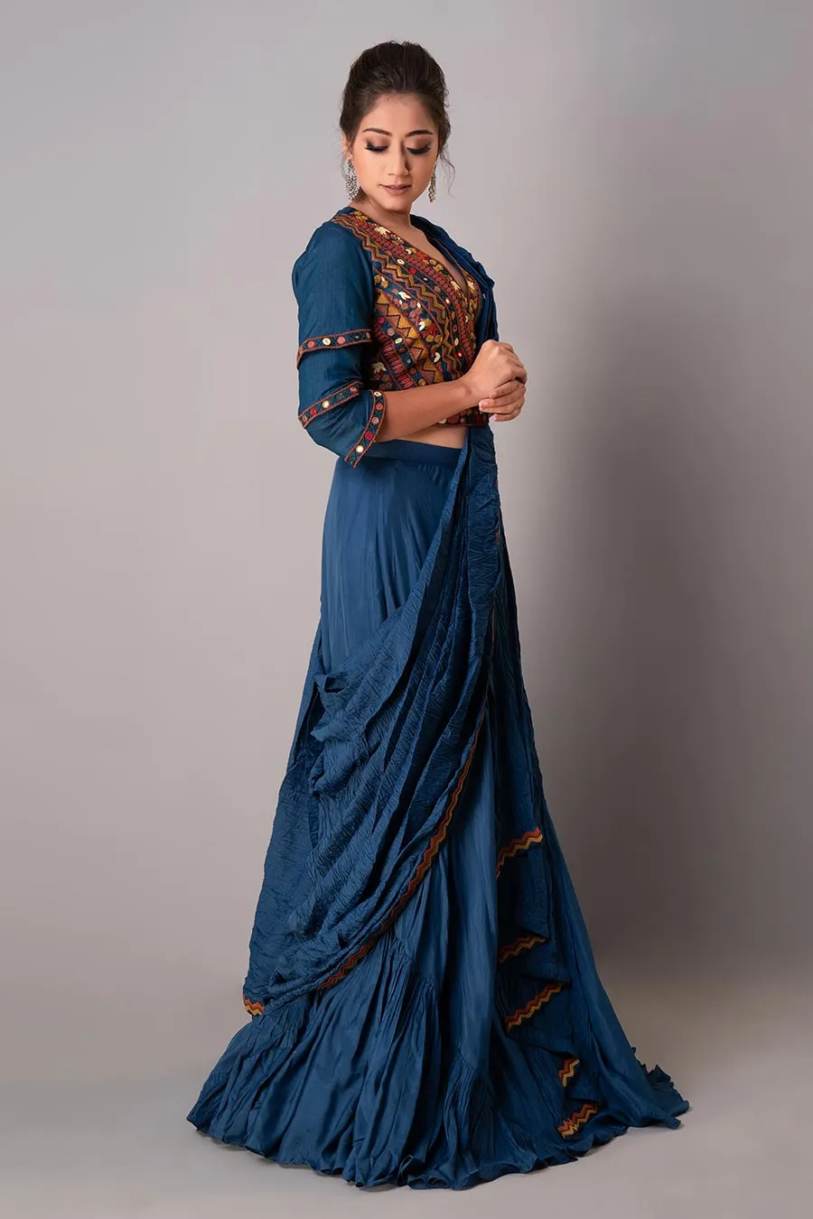 Blue Embroidered Draped Saree Set With Belt