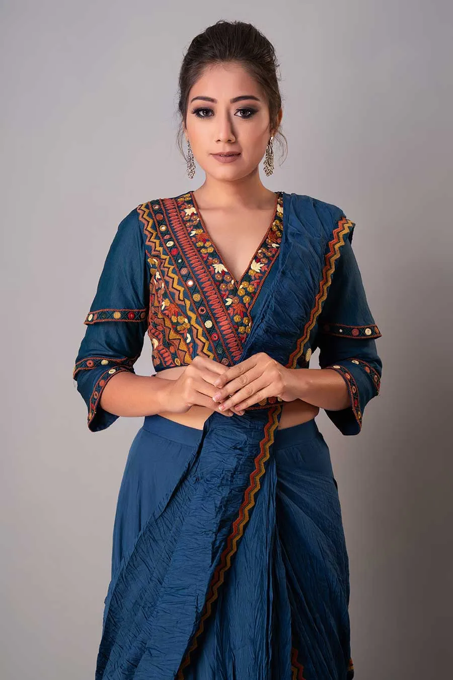 Blue Embroidered Draped Saree Set With Belt