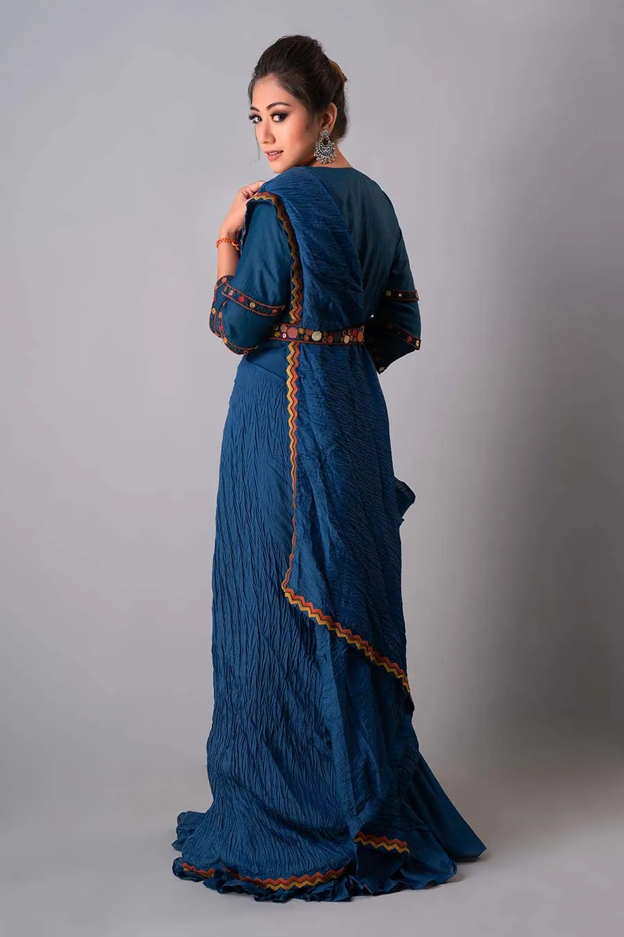 Blue Embroidered Draped Saree Set With Belt