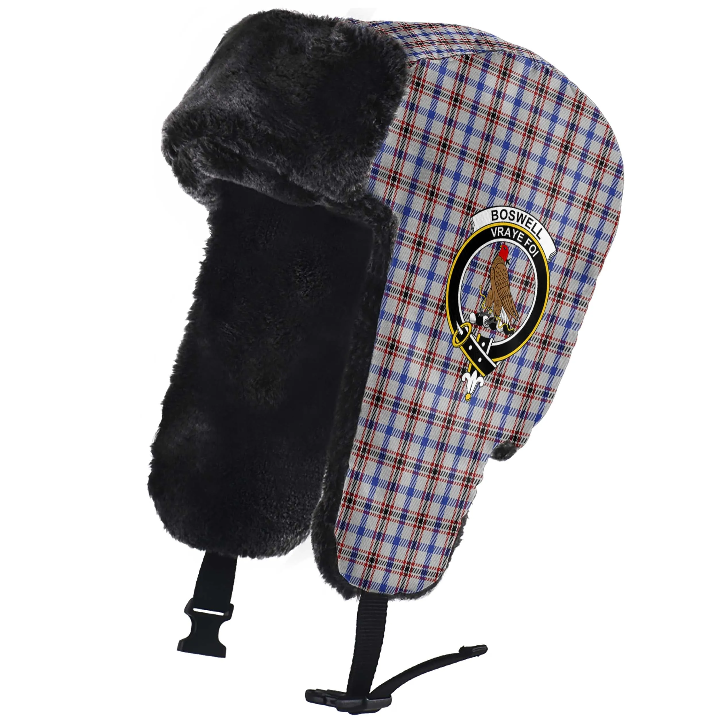 Boswell Tartan Winter Trapper Hat with Family Crest