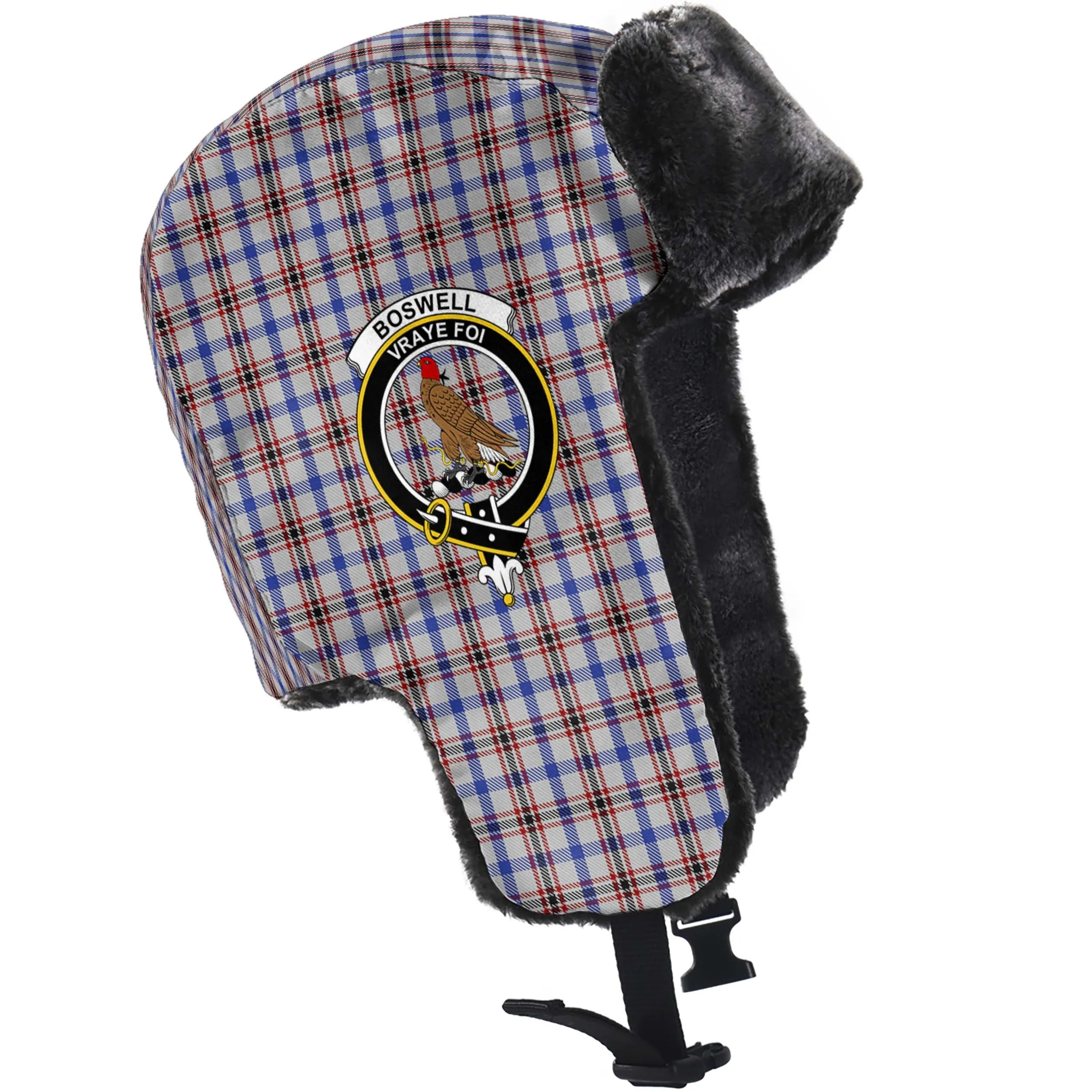 Boswell Tartan Winter Trapper Hat with Family Crest