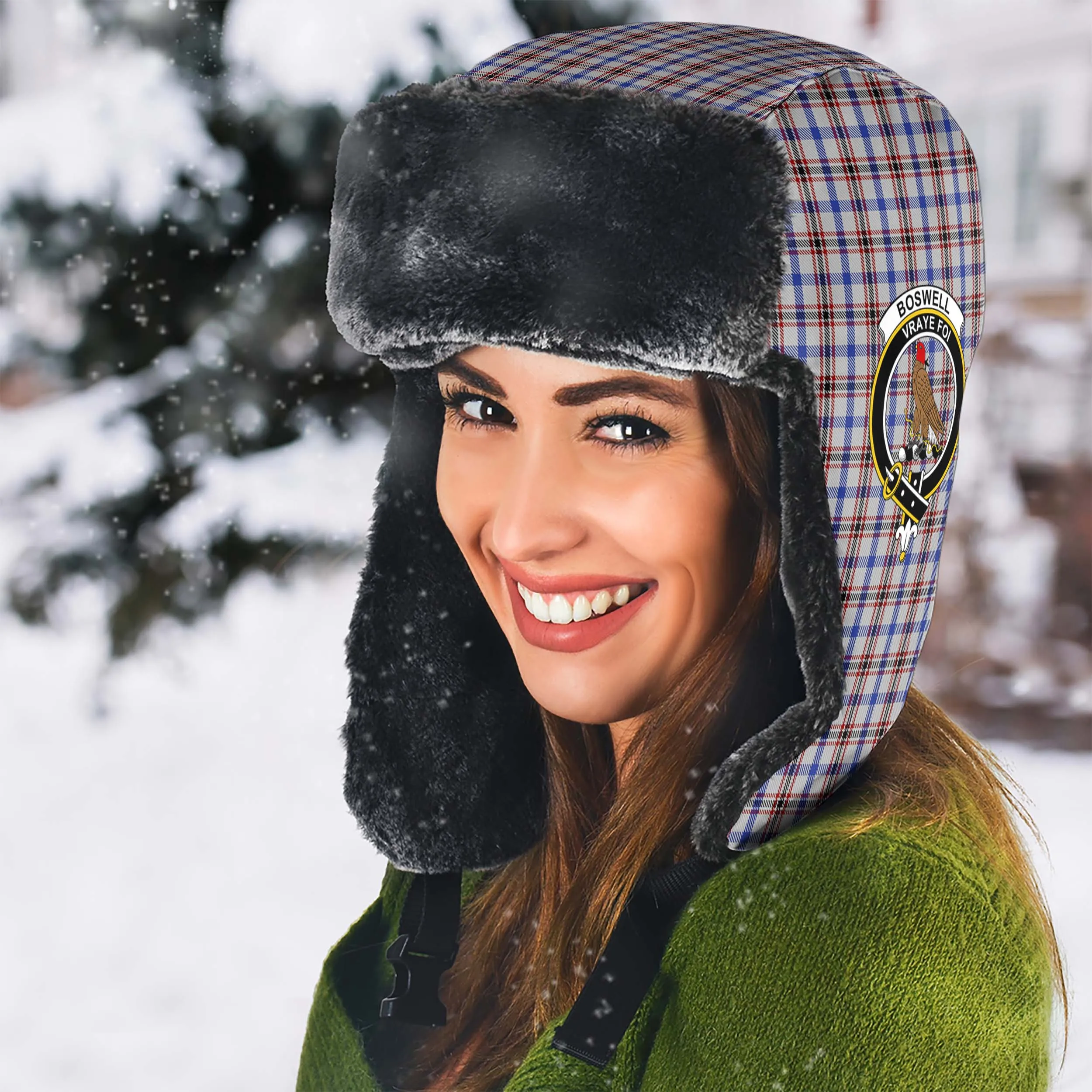 Boswell Tartan Winter Trapper Hat with Family Crest