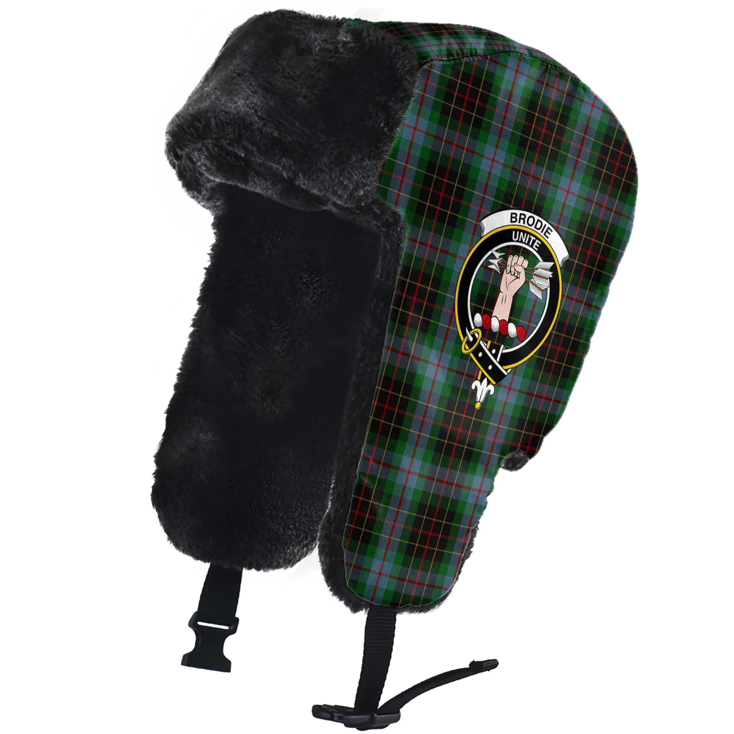 Brodie Hunting Tartan Winter Trapper Hat with Family Crest