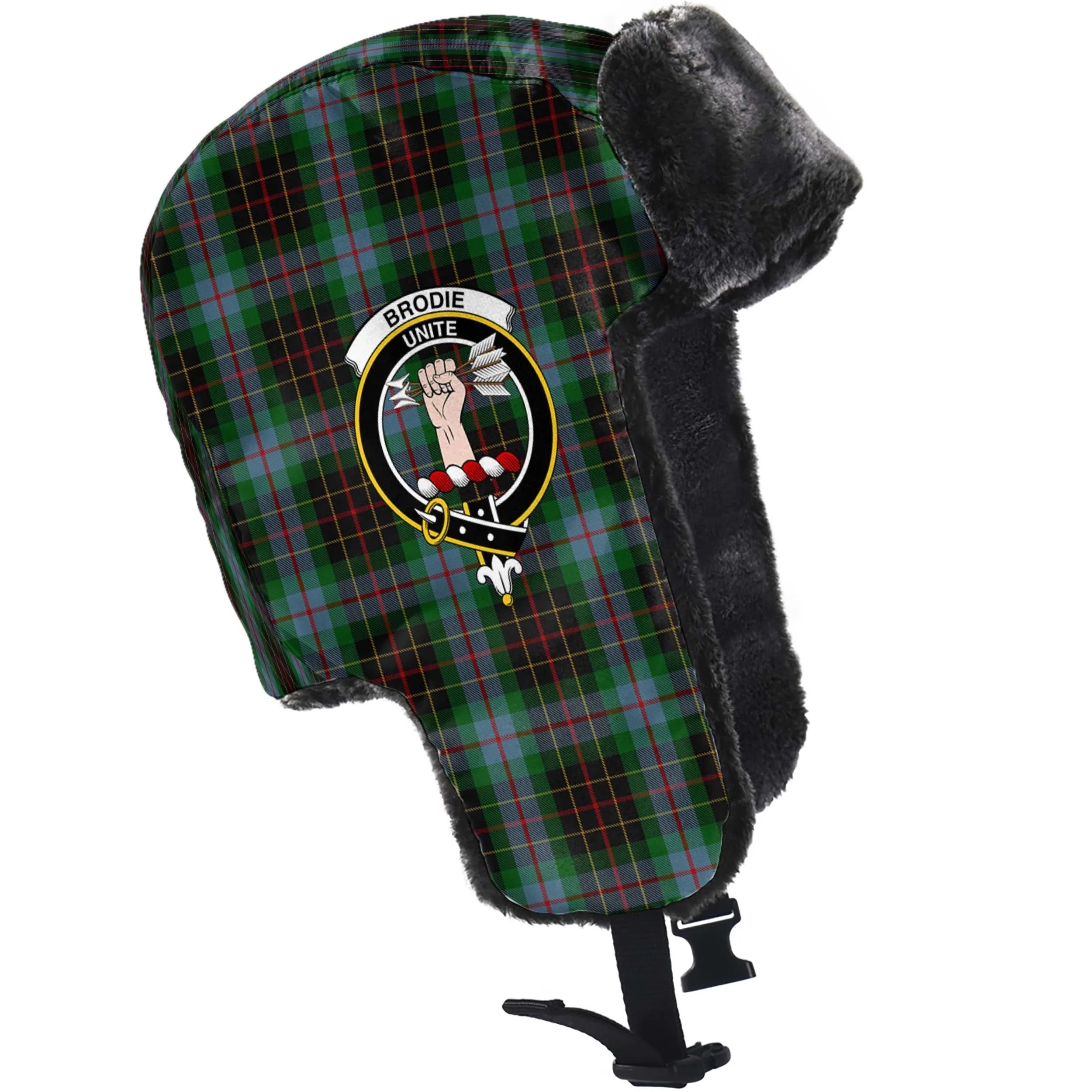 Brodie Hunting Tartan Winter Trapper Hat with Family Crest