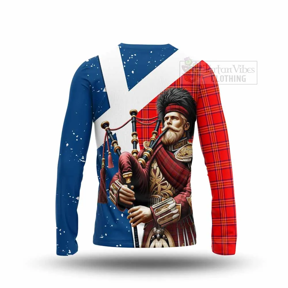 Burnett Tartan Long Sleeve T-Shirt with Family Crest Scottish Bagpiper Vibes