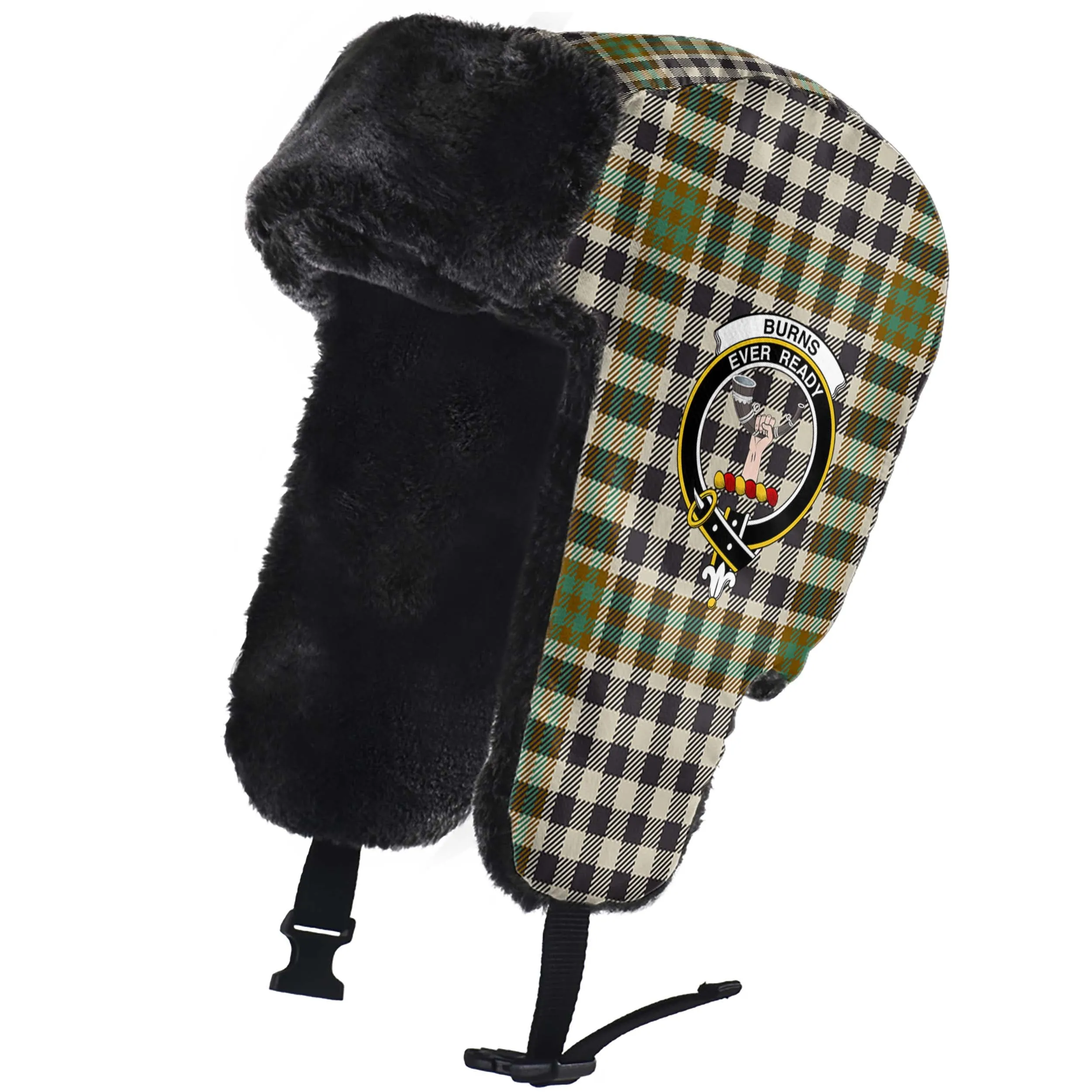 Burns Check Tartan Winter Trapper Hat with Family Crest