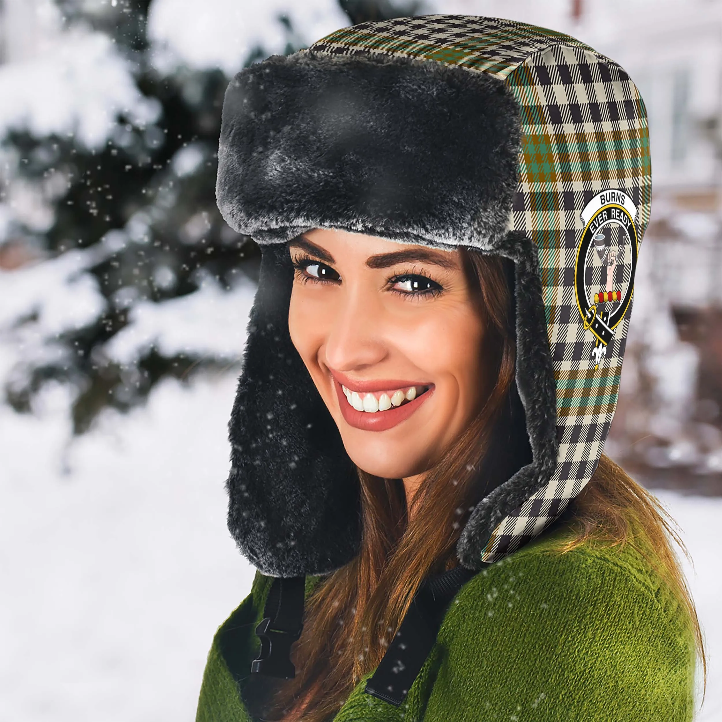 Burns Check Tartan Winter Trapper Hat with Family Crest