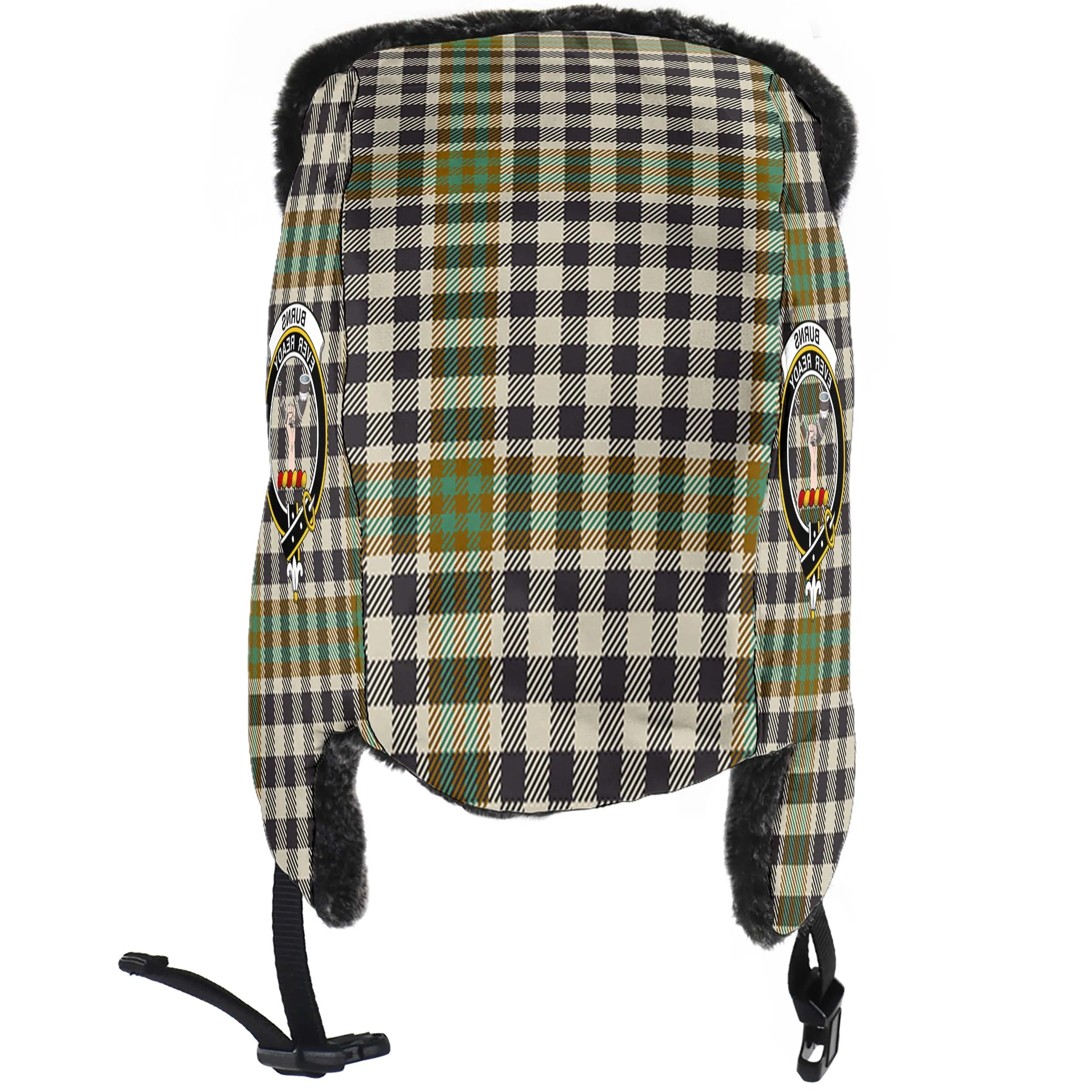 Burns Check Tartan Winter Trapper Hat with Family Crest