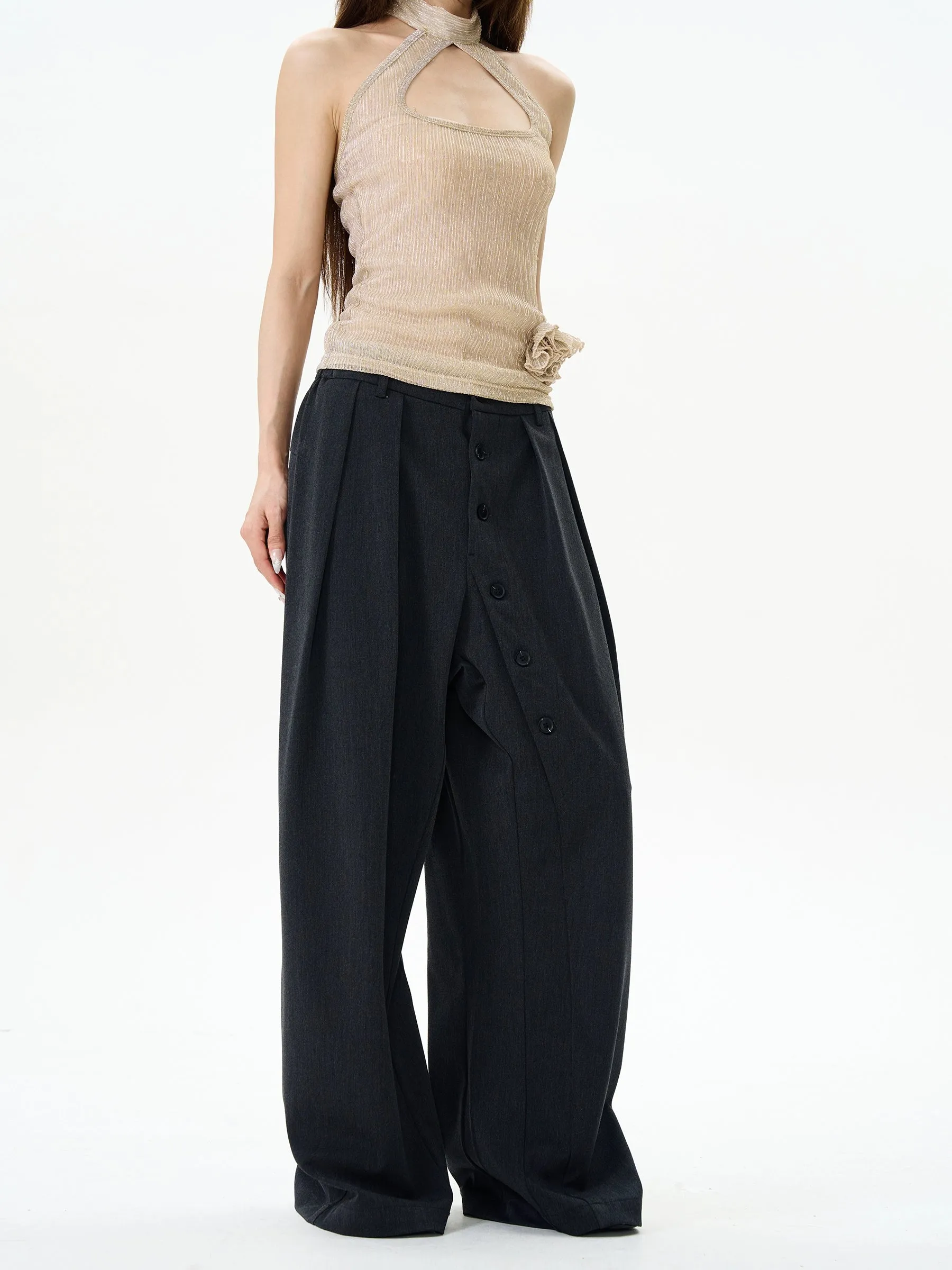 Button-Down Wide-Leg Casual Pants