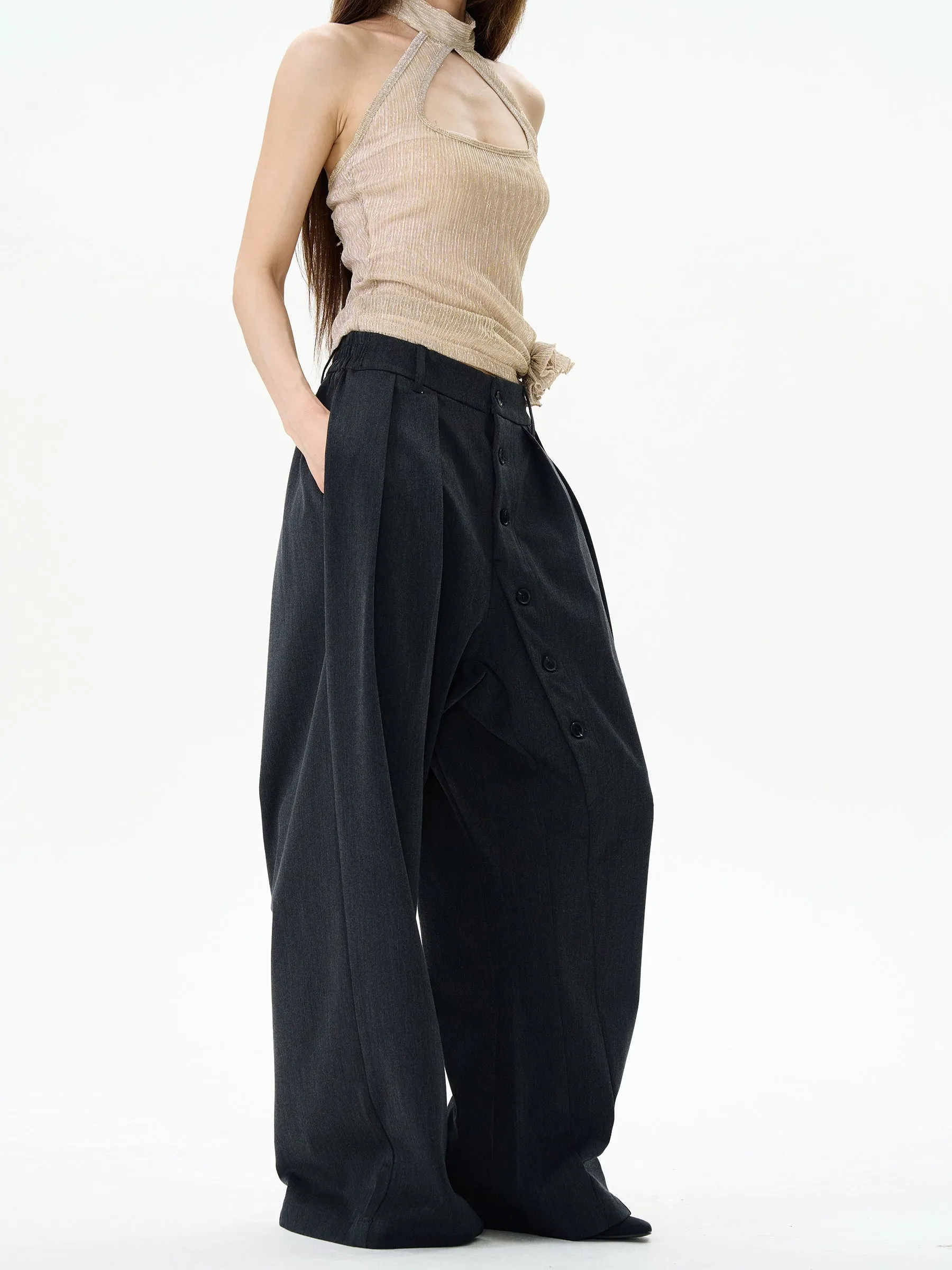 Button-Down Wide-Leg Casual Pants