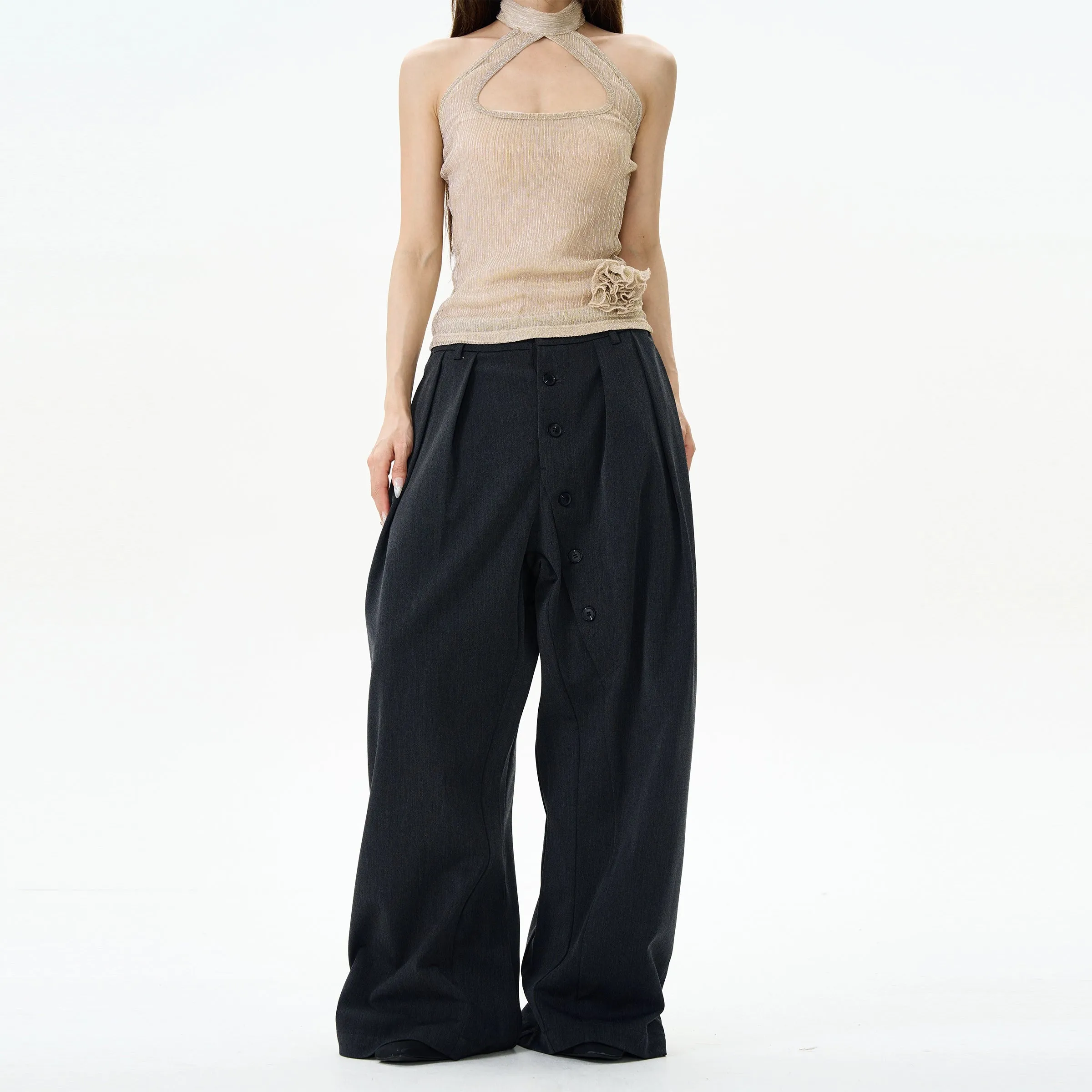 Button-Down Wide-Leg Casual Pants