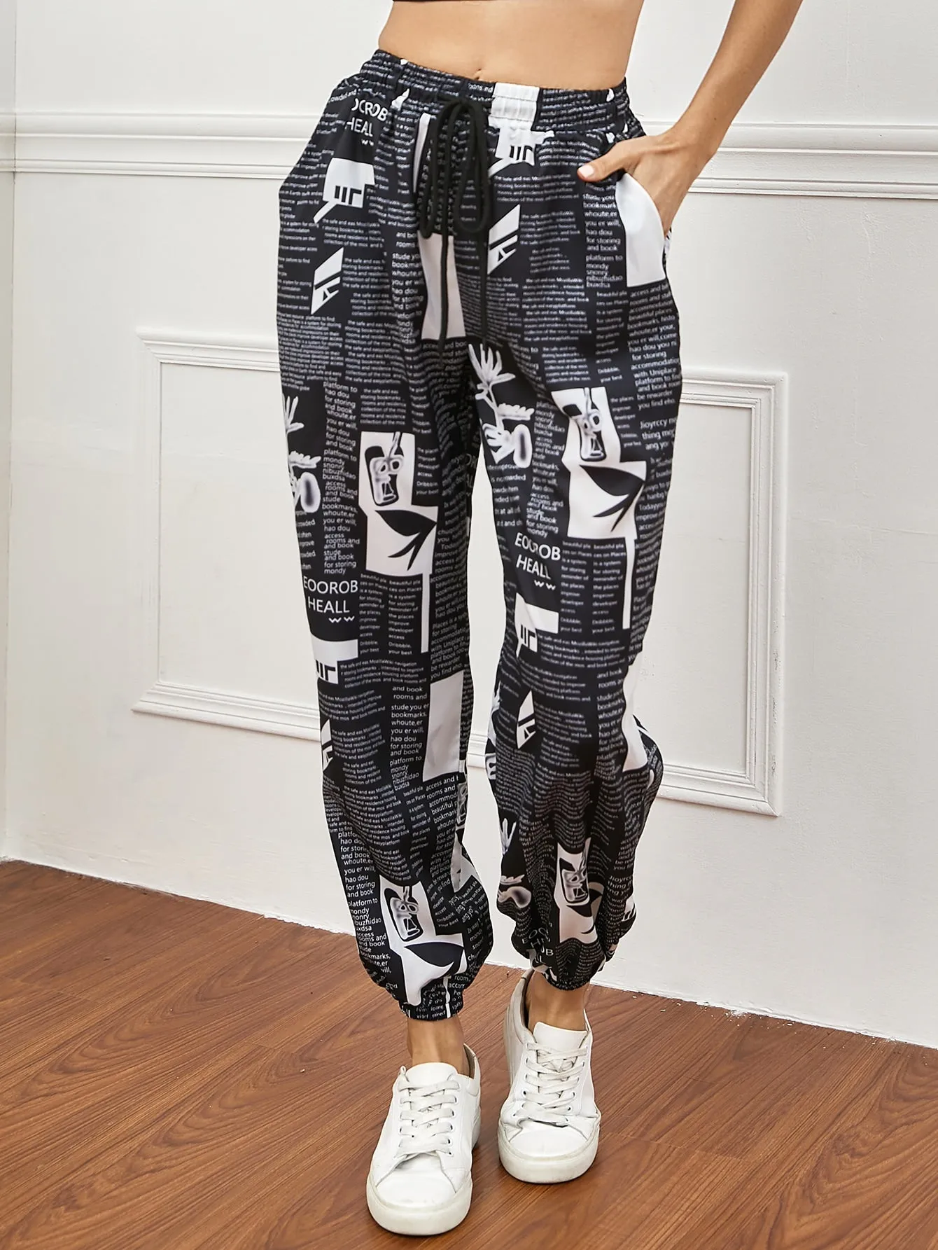 Casual Graphic Drawstring Natural Cropped Women Pants