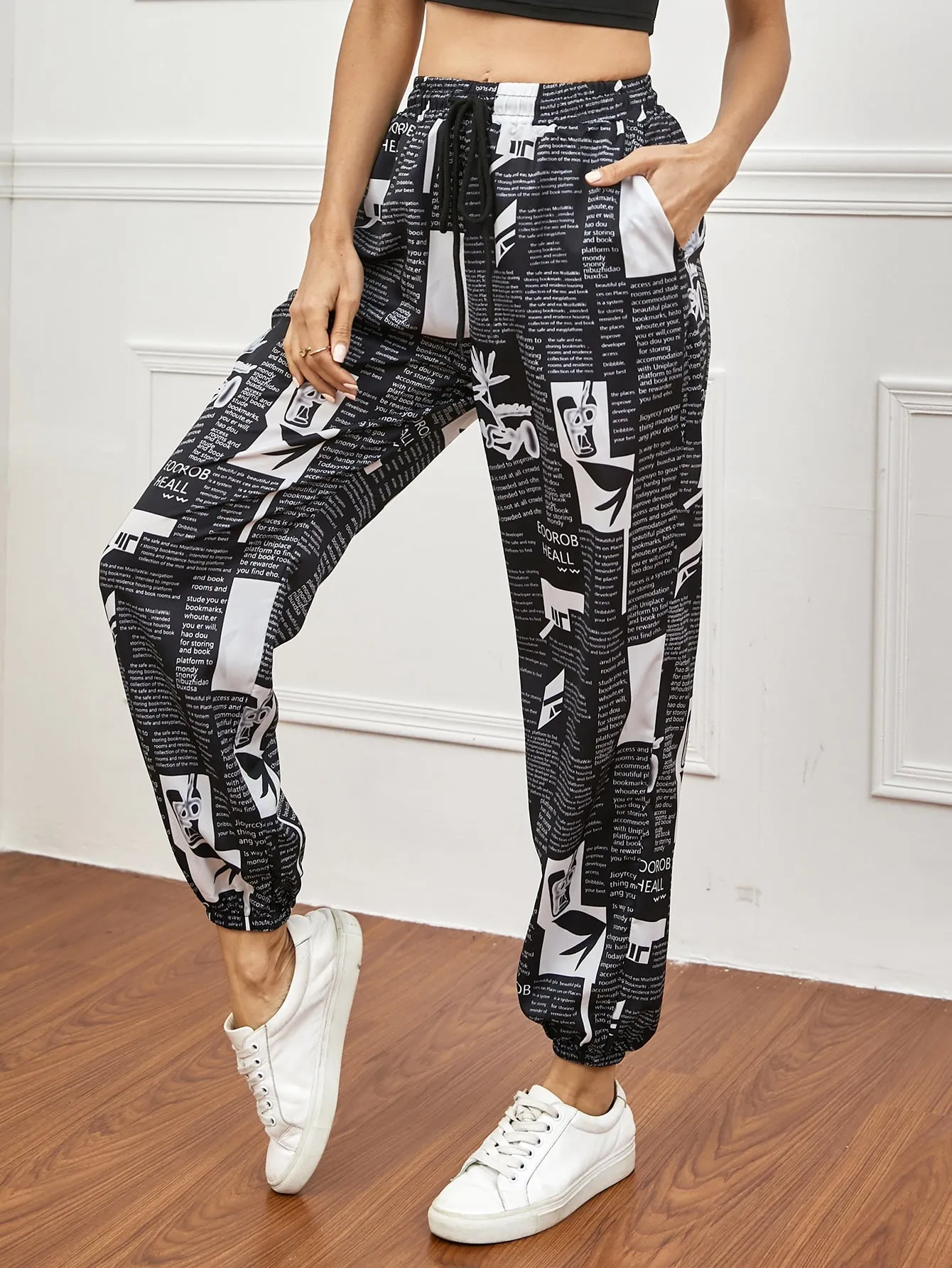 Casual Graphic Drawstring Natural Cropped Women Pants