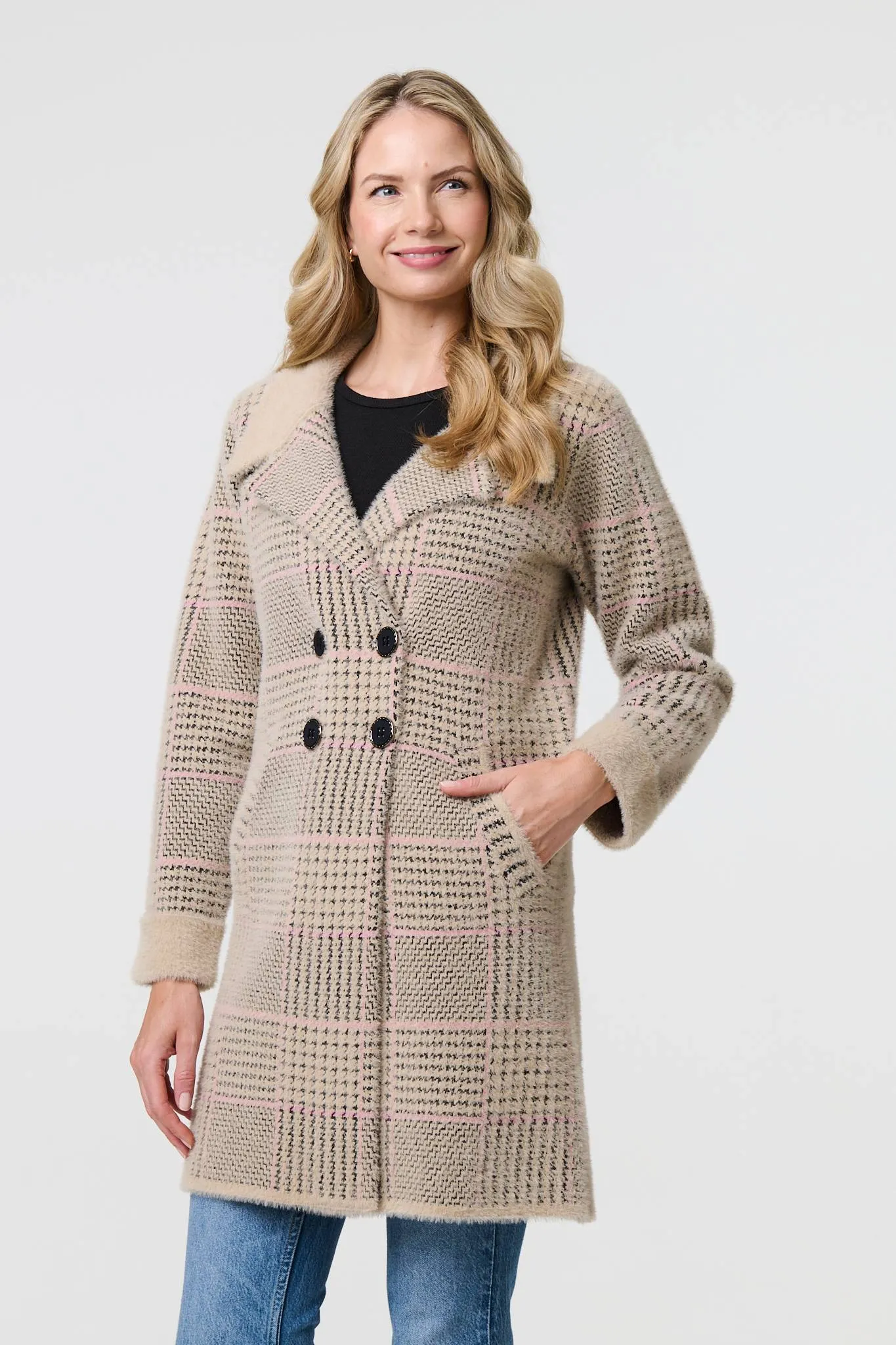 Checked Button Front Thigh Length Trench Coat