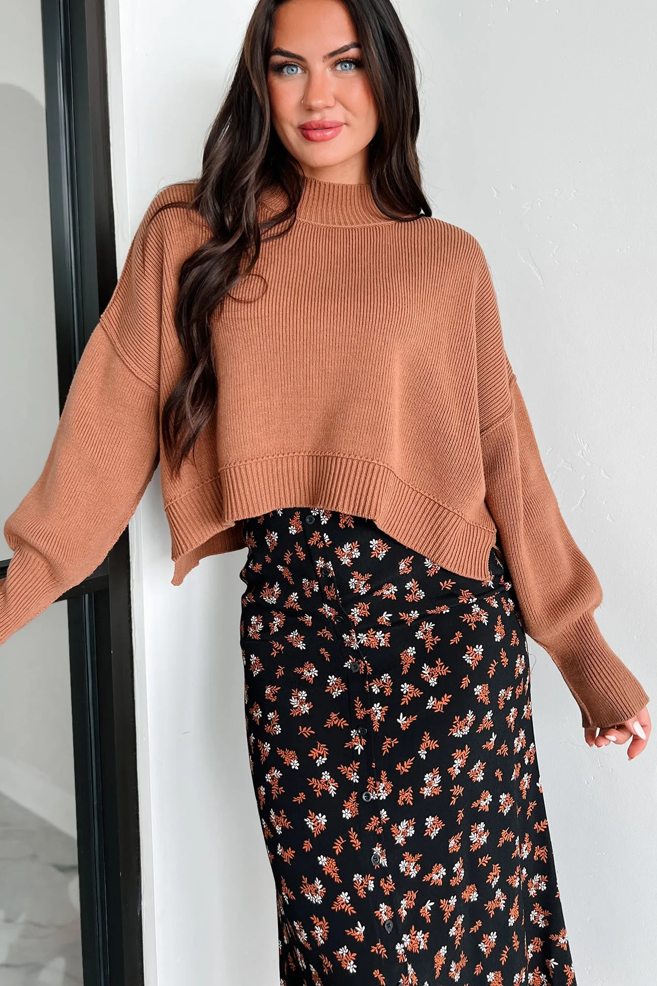 Cheerful Charm Oversized Zenana Crop Sweater (Deep Camel)